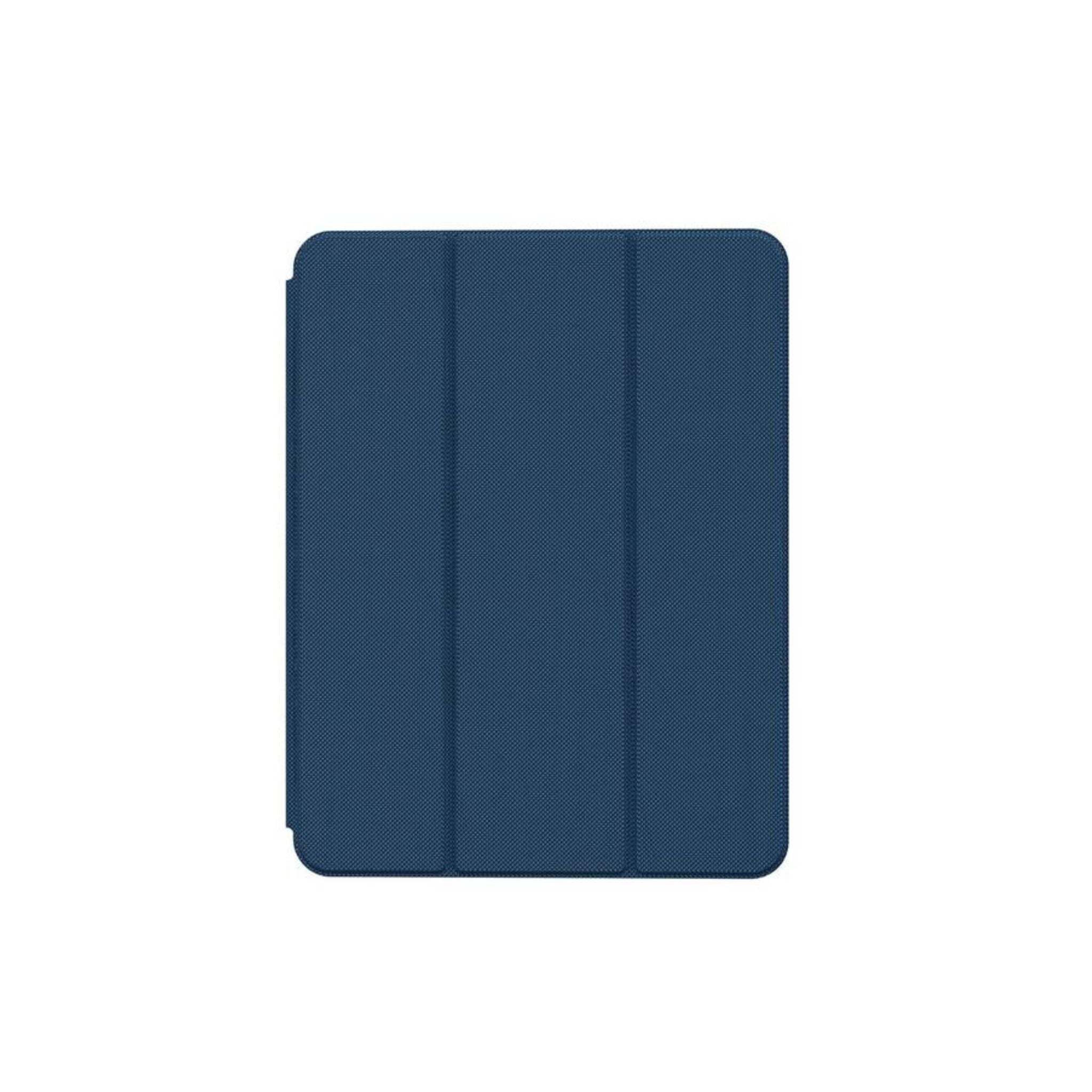 A blue-colored folio case for the 11-inch iPad Air with a built-in pencil holder and a tri-fold stand.