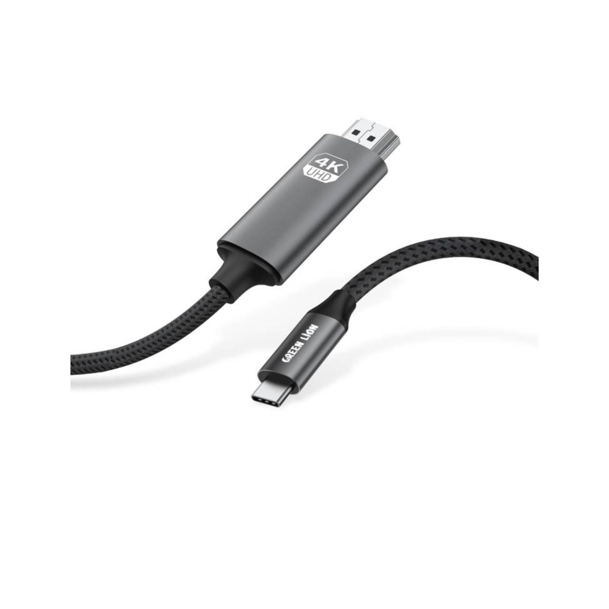 A 4K USB-C to HDMI cable with a braided design, displaying the 4K resolution symbol and the Green Lion brand logo.
