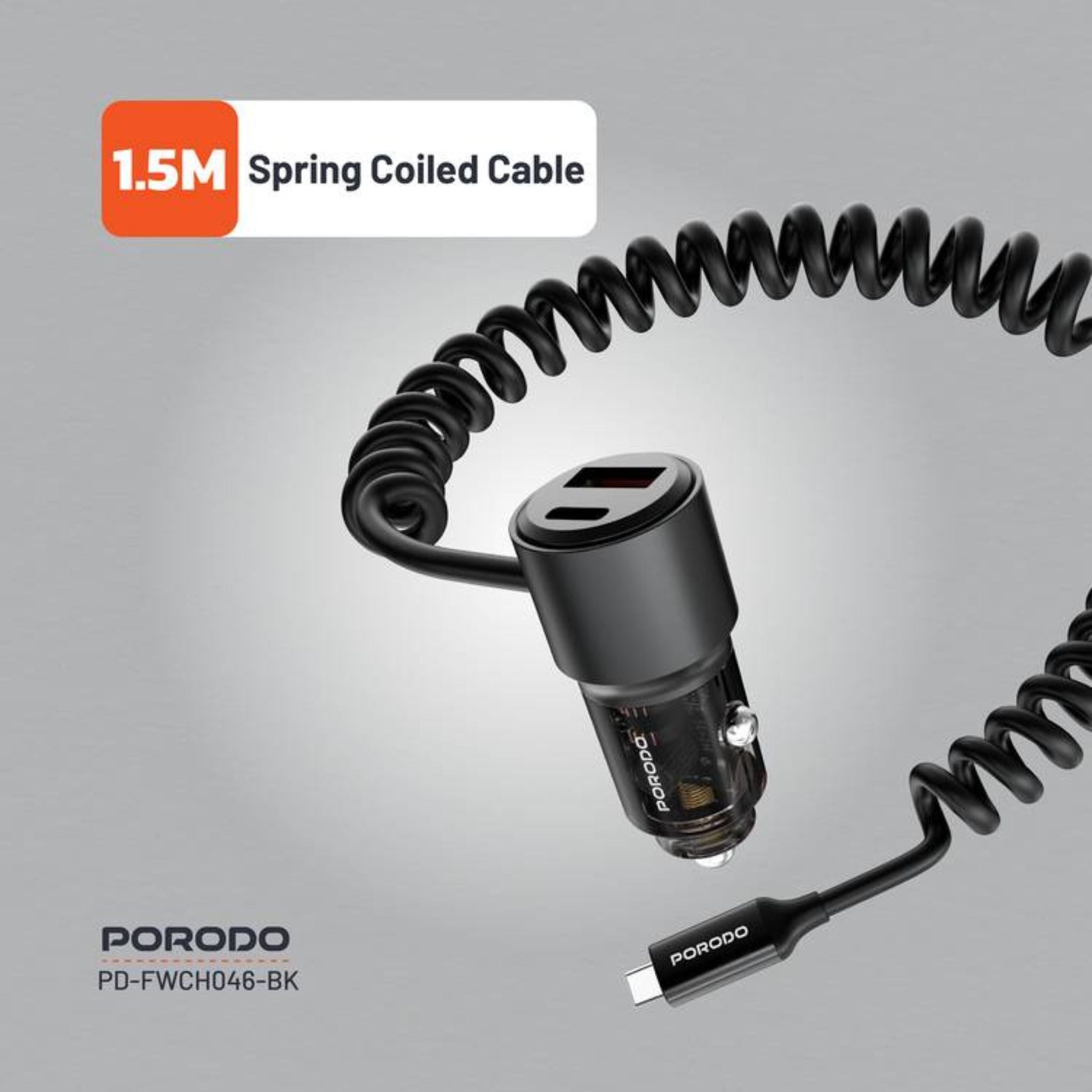 Porodo 110W Car Charger, USB-A+C Ports, 12-24V Input, 1.5m Spring Coiled Cable, Integrated USB-C Cable - Black