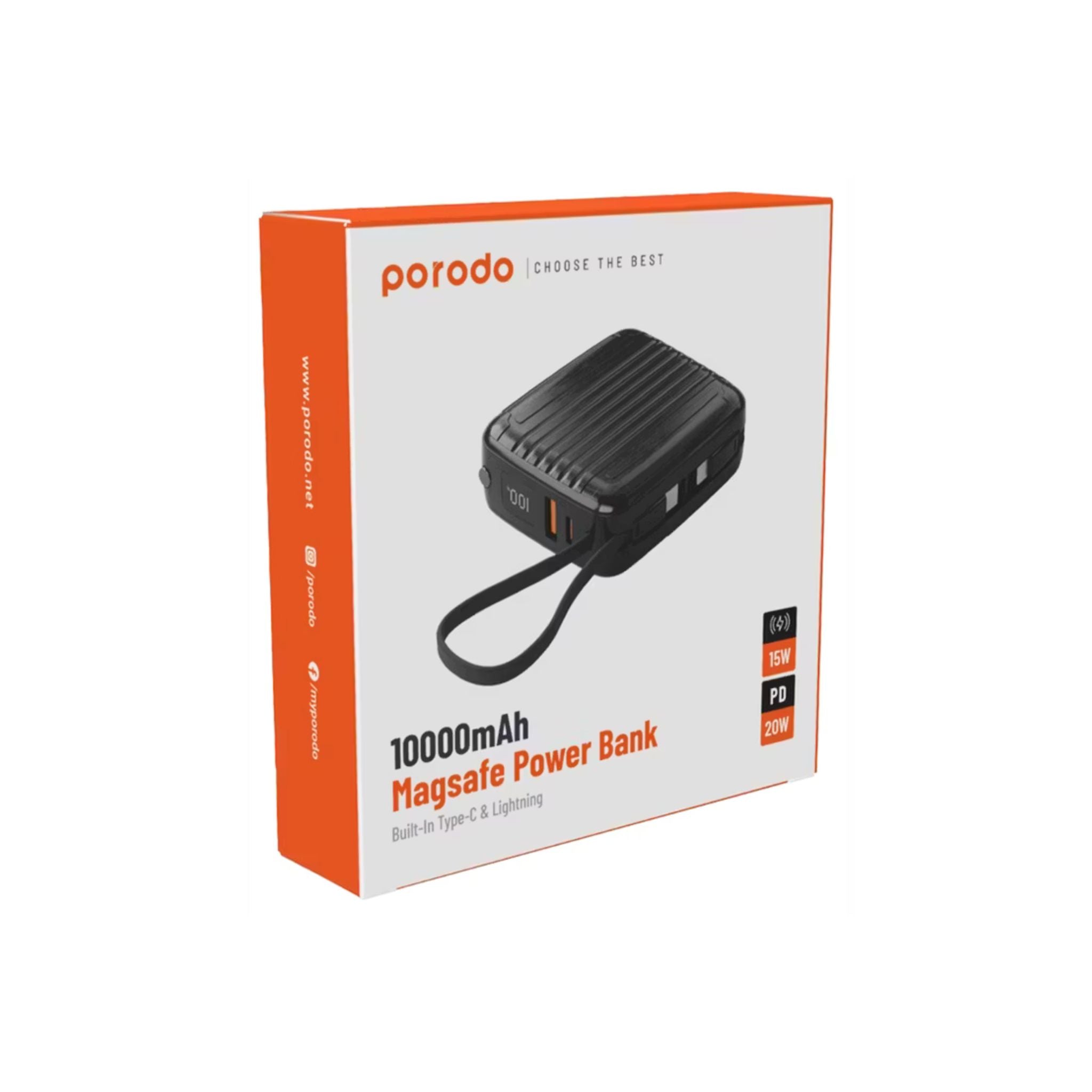 Porodo 10000mAh MagSafe Power Bank, Built in Type-C & Lightning Cables, Digital Display, 15W Wireless Output, Portable, PD 20W, QC 22W - Black