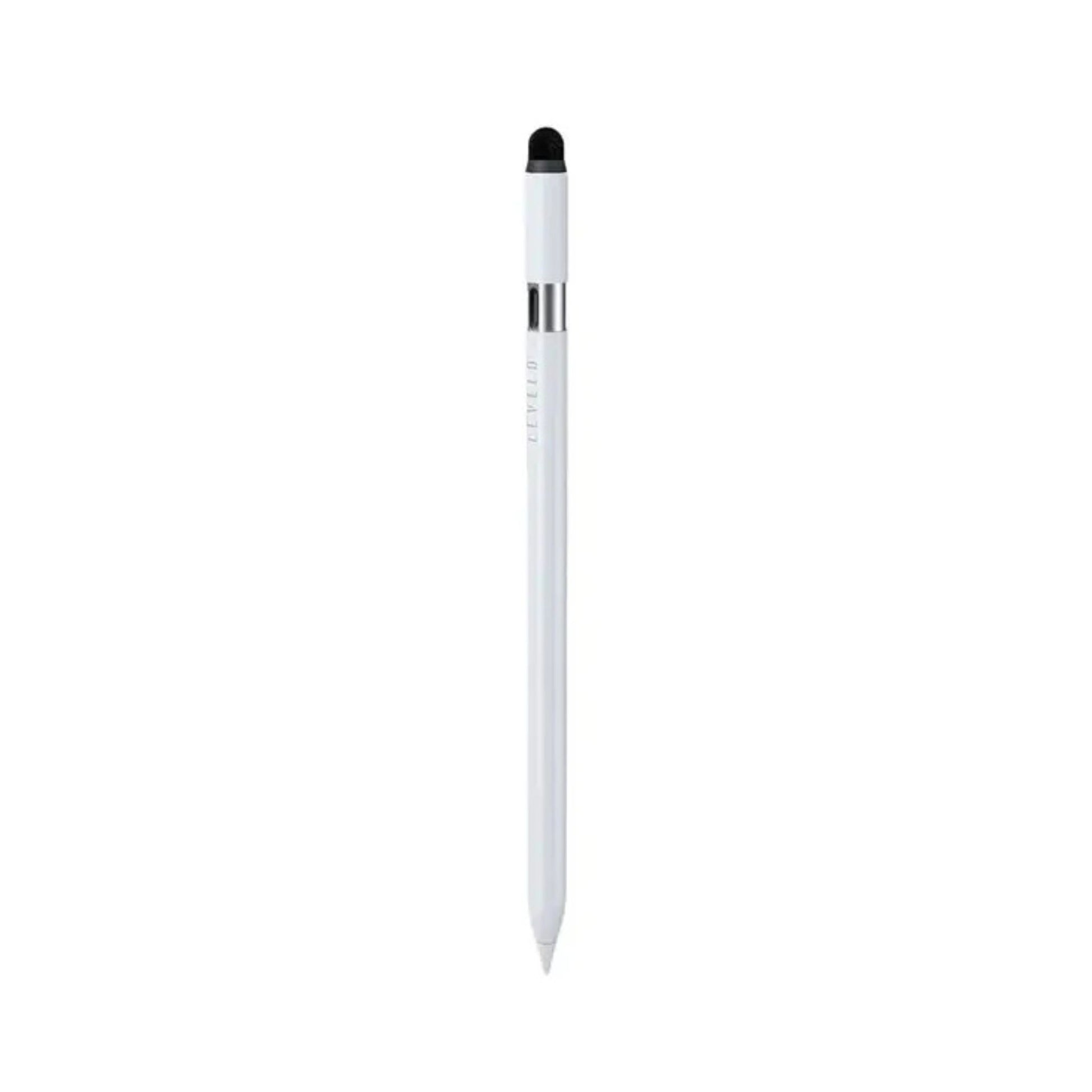 A white stylus pen with a replaceable nib and a flocking head, designed for use with touchscreen devices.