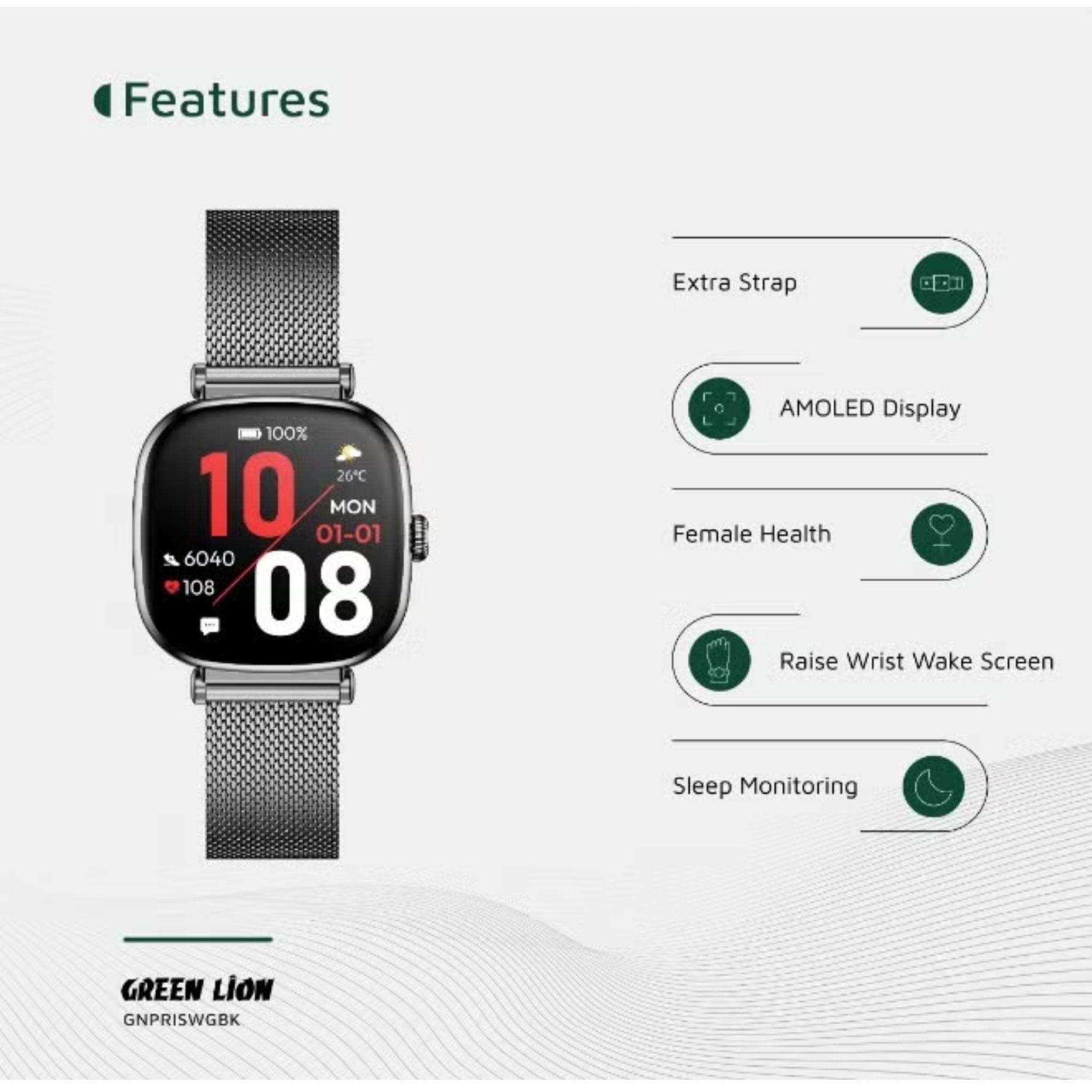 Green Lion Princess Smart Watch, 1.70" AMOLED Display, 336x336 Resolution, 1000 Nits Brightness, Bluetooth 5.2, Heart Rate & Blood Pressure Monitoring, IP68 Waterproof, Glossy Black
