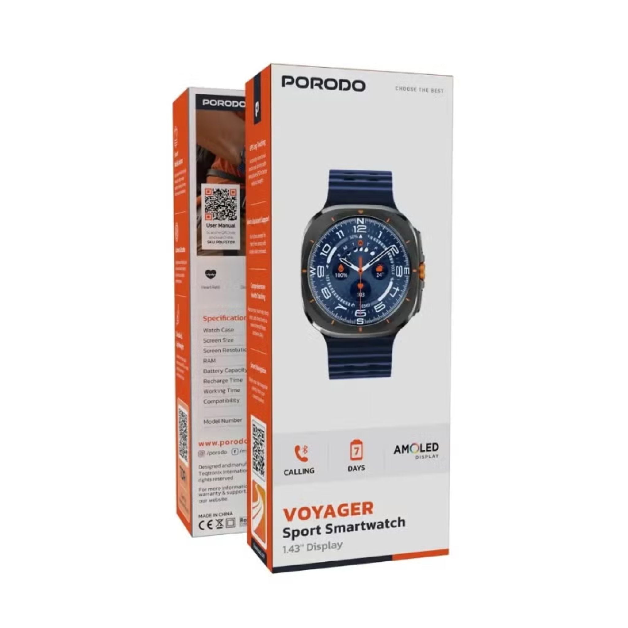 Porodo Voyager Smart Watch 1.43" AMOLED Display 466×466, Bluetooth Calling, Built-In Compass, Rugged Zinc Alloy Design, 400mAh Battery Up to 7 Days, Android & iOS Compatible- Blue