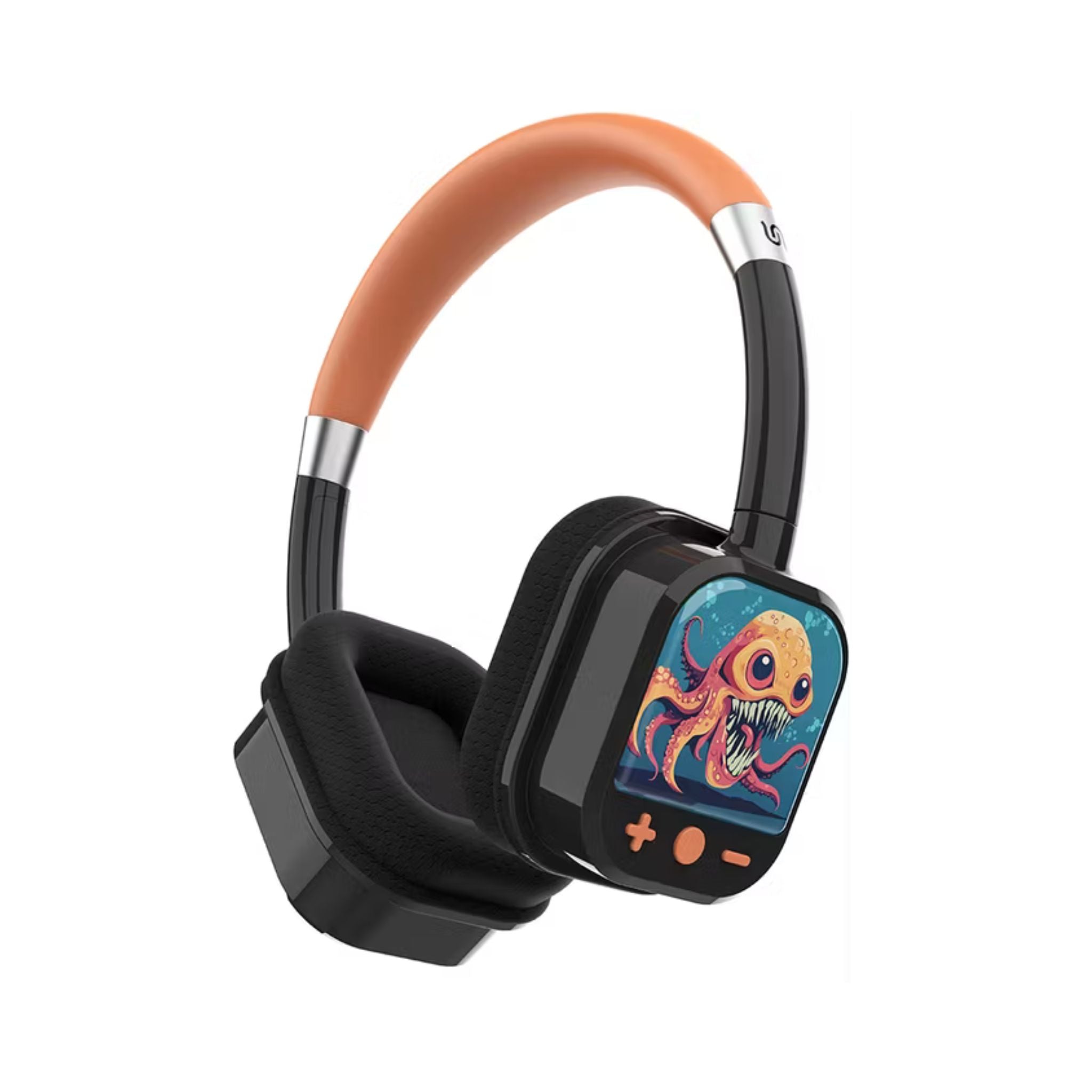 Headphones with a colorful octopus design on the control panel against a white background