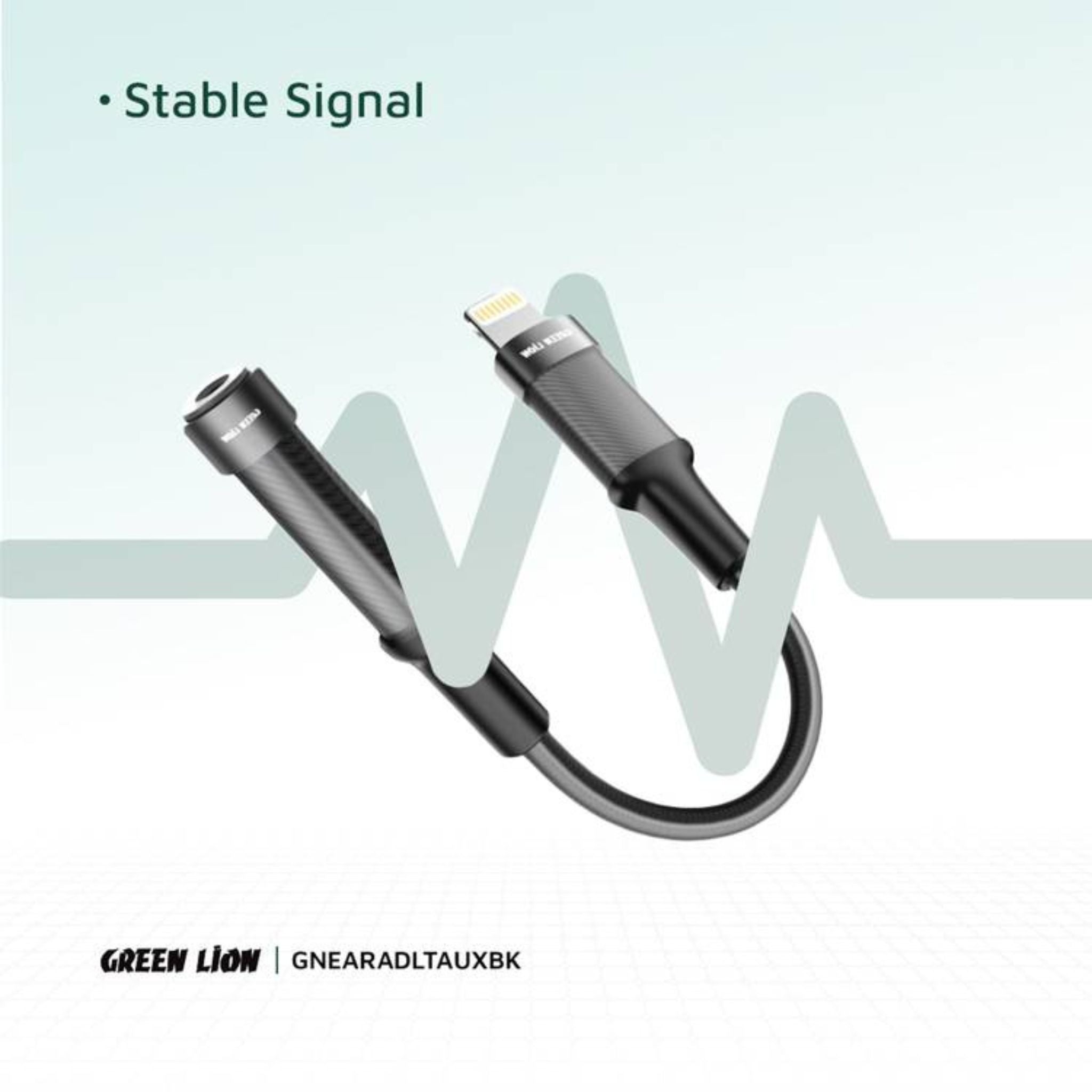 Green Lion Earphone Adapter Lightning to 3.5 Audio Jack, 12cm, Braided Cable, 10000 Bends Life Span, TPE + Aluminum Alloy - Black