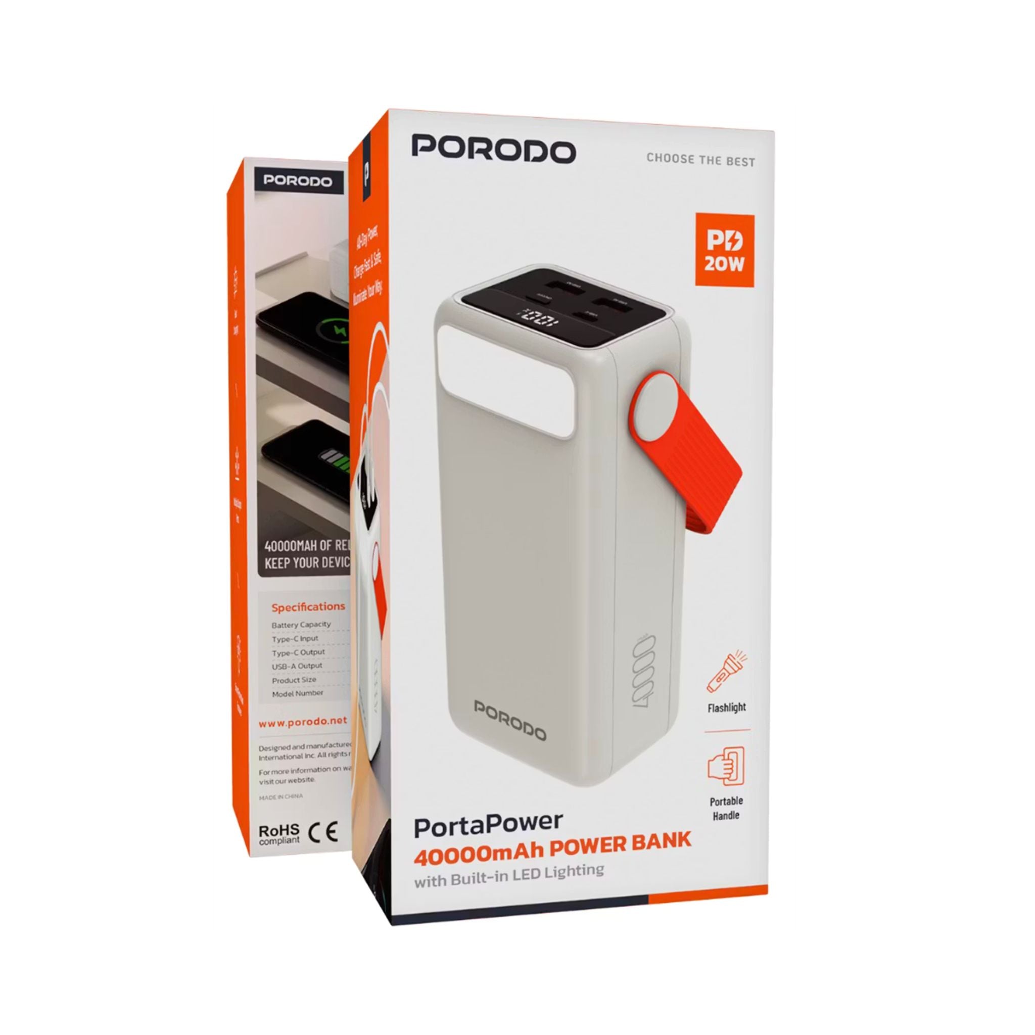 Porodo PortaPower 40000mAh Power Bank with Built-in LED Lighting, PD 20W, 22.5W Max USB-A Output, Flashlight, Portable Handle, Multiple Output Ports, Smart Protection Features, Fast Charging - White