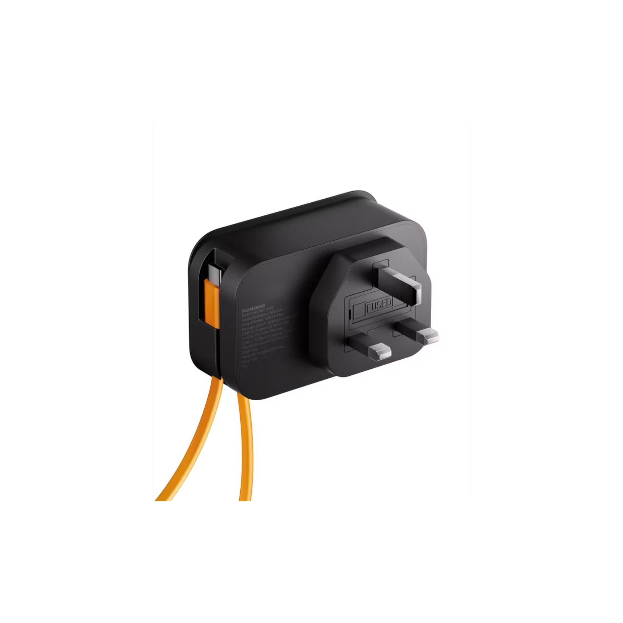 Porodo Universal Wall Socket with 30cm Built-in USB-C Cable, Simultaneous Charging, 20W PD, 18W QC, Fireproof Material, Fuse Protection, UK 3-Pin Plug - Black