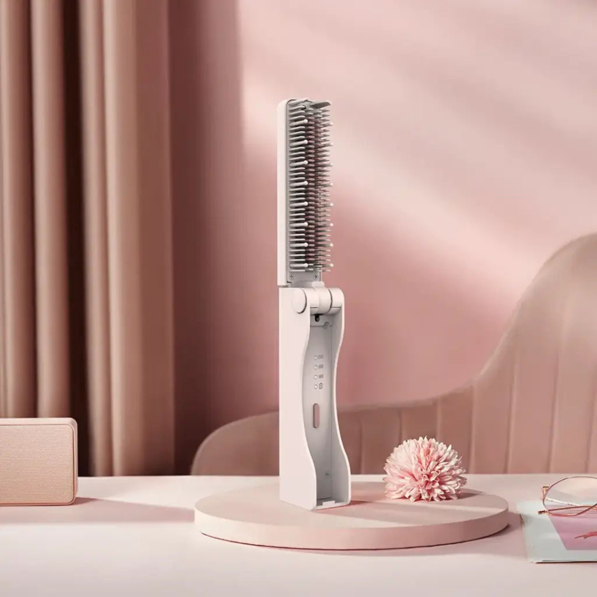 Porodo Foldable Mini Straightener Brush, Cordless Hair Styler, 3 Heat Modes 160°C/180°C/200°C, Ceramic-Coated Teeth, USB-C Fast Charging, Auto Shut-Off, Portable Travel Design- Pink