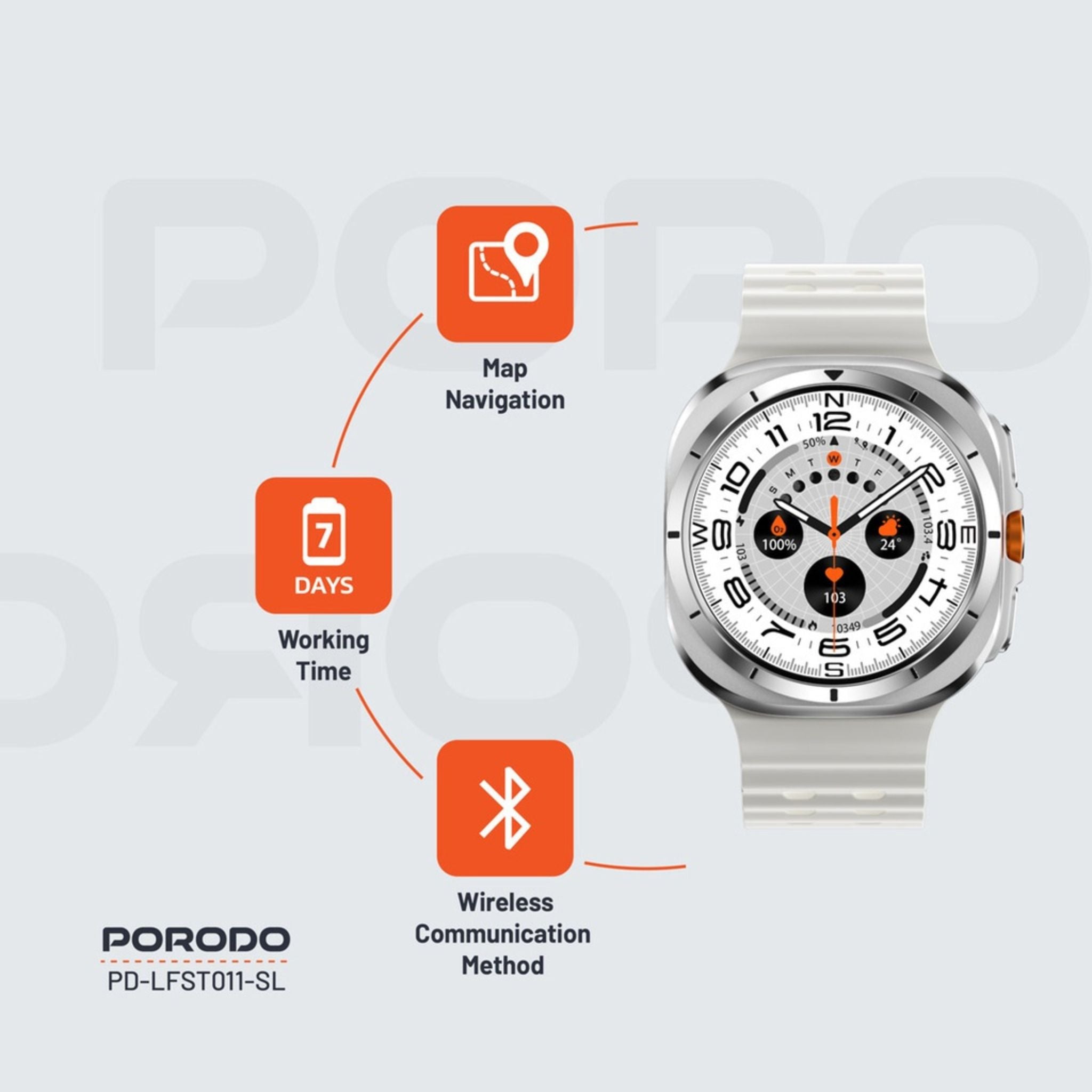 Porodo Voyager Smart Watch 1.43" AMOLED Display 466×466, Bluetooth Calling, Built-In Compass, Rugged Zinc Alloy Design, 400mAh Battery Up to 7 Days, Android & iOS Compatible- Silver