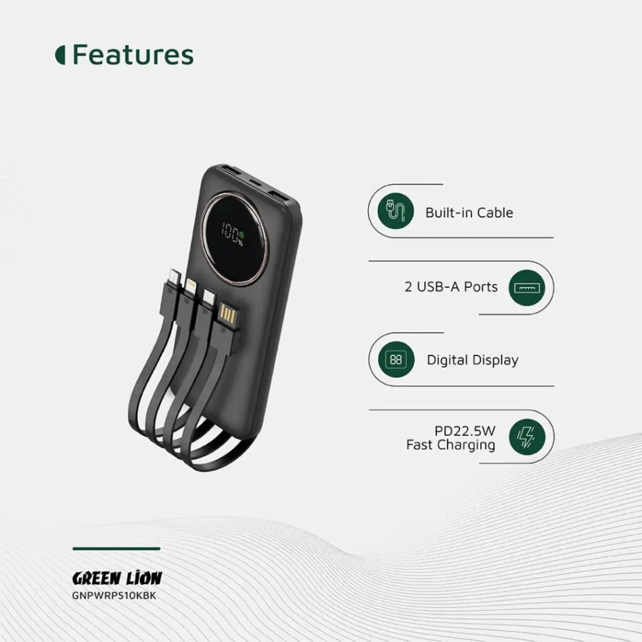 Green Lion Power Pulse 10000mAh Power Bank, PD 22.5W, Portable, Digital Display, Fast Charge Support, Micro + Lightning + Type-C + USB-A Integrated Cables - Black