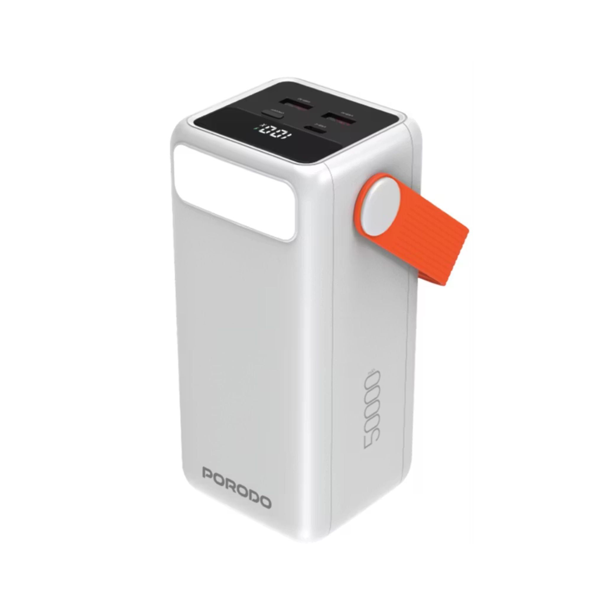 Porodo PortaPower 50000mAh Power Bank with Built-in LED Lighting, PD 20W, 22.5W Max USB-A Output, Flashlight, Portable Handle, Multiple Output Ports, Smart Protection Features, Fast Charging - White