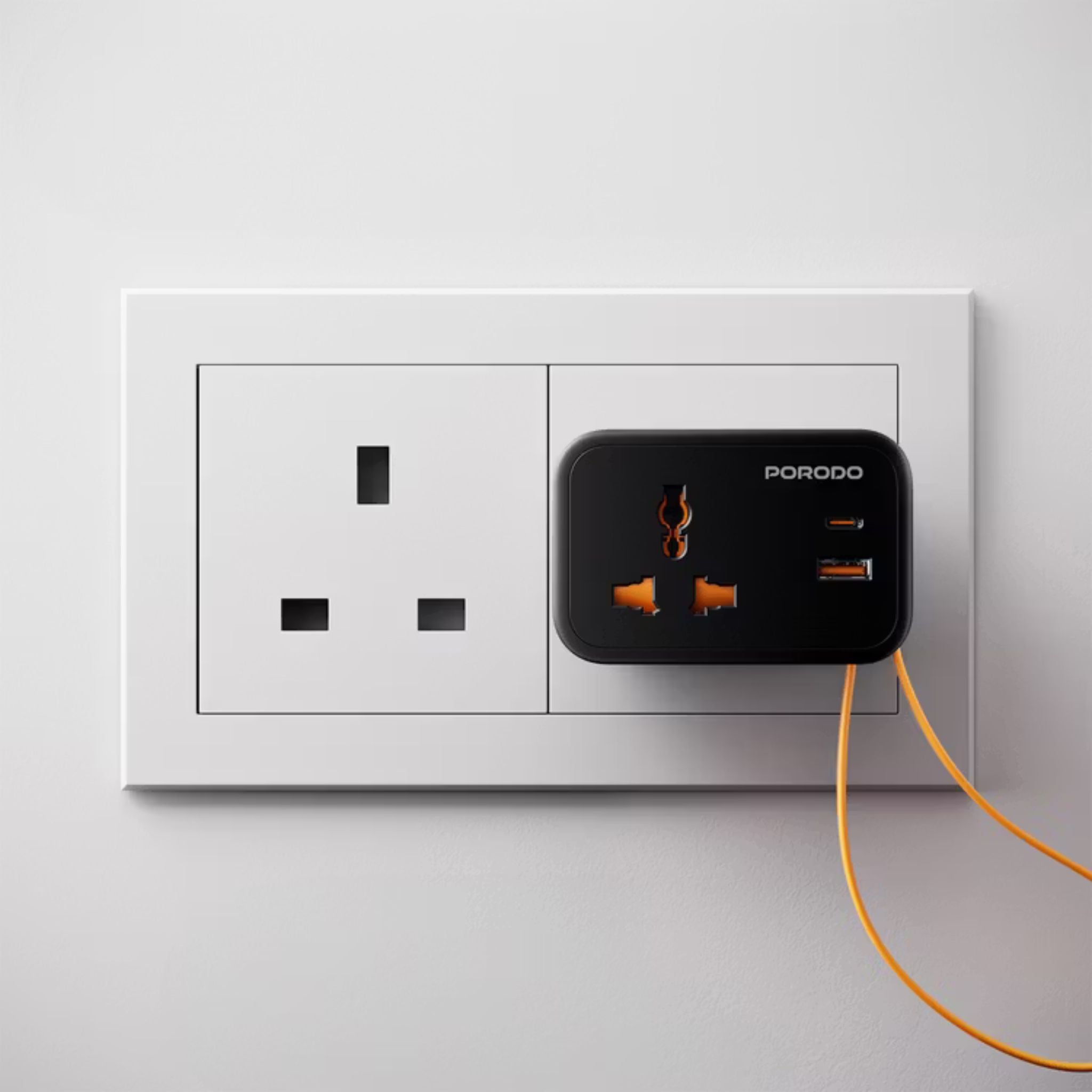 Porodo Universal Wall Socket with 30cm Built-in USB-C Cable, Simultaneous Charging, 20W PD, 18W QC, Fireproof Material, Fuse Protection, UK 3-Pin Plug - Black