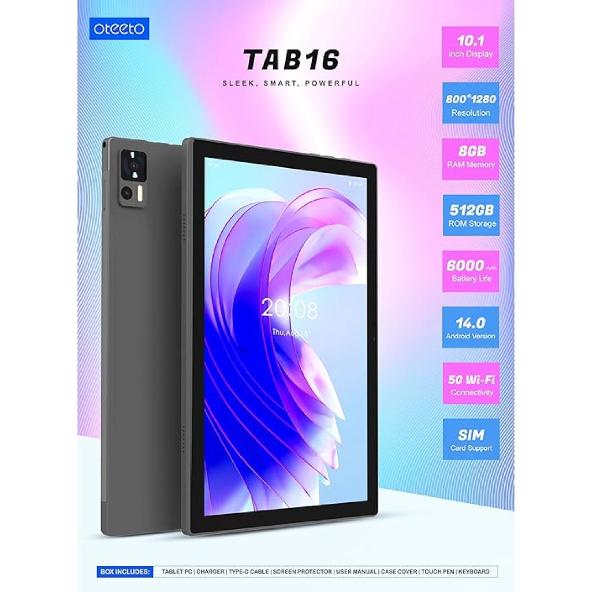 OTEETO Tab 16 10.1" IPS LCD Display, Octa-Core 2.0GHz Processor, Android 14, 4G Connectivity, 6000mAh Battery, 12GB RAM + 512GB Storage, 8MP Front + 13MP Rear Camera, Includes Keyboard & Touch Pen