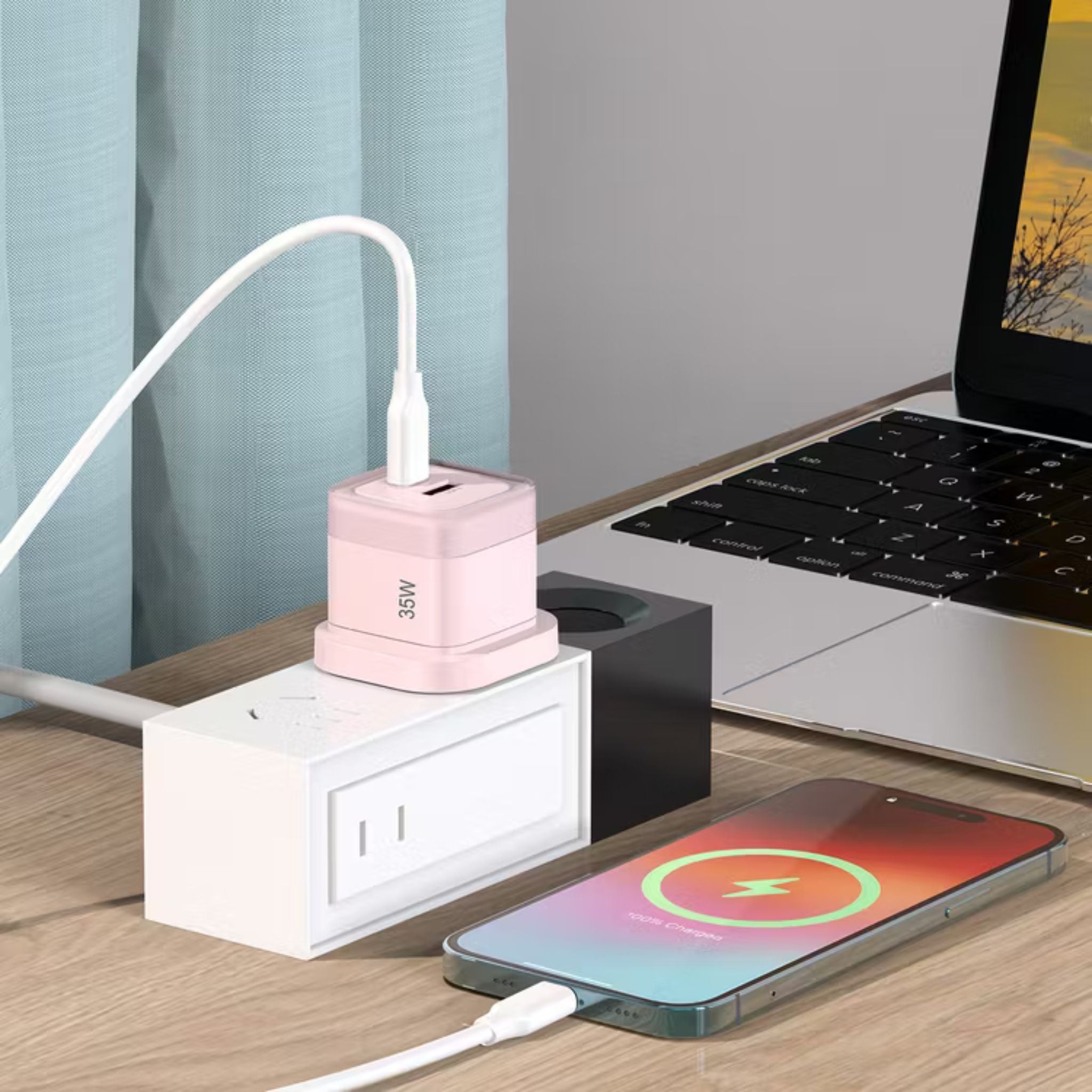 Powerology Lunex Dual-Port Fast Charging Adapter with USB-C & USB-A Ports, 35W Power Delivery, 22.5W USB-A Output, UK 3-Pin Plug, Universal Protocol Support, Multi-Device Charging - Pink
