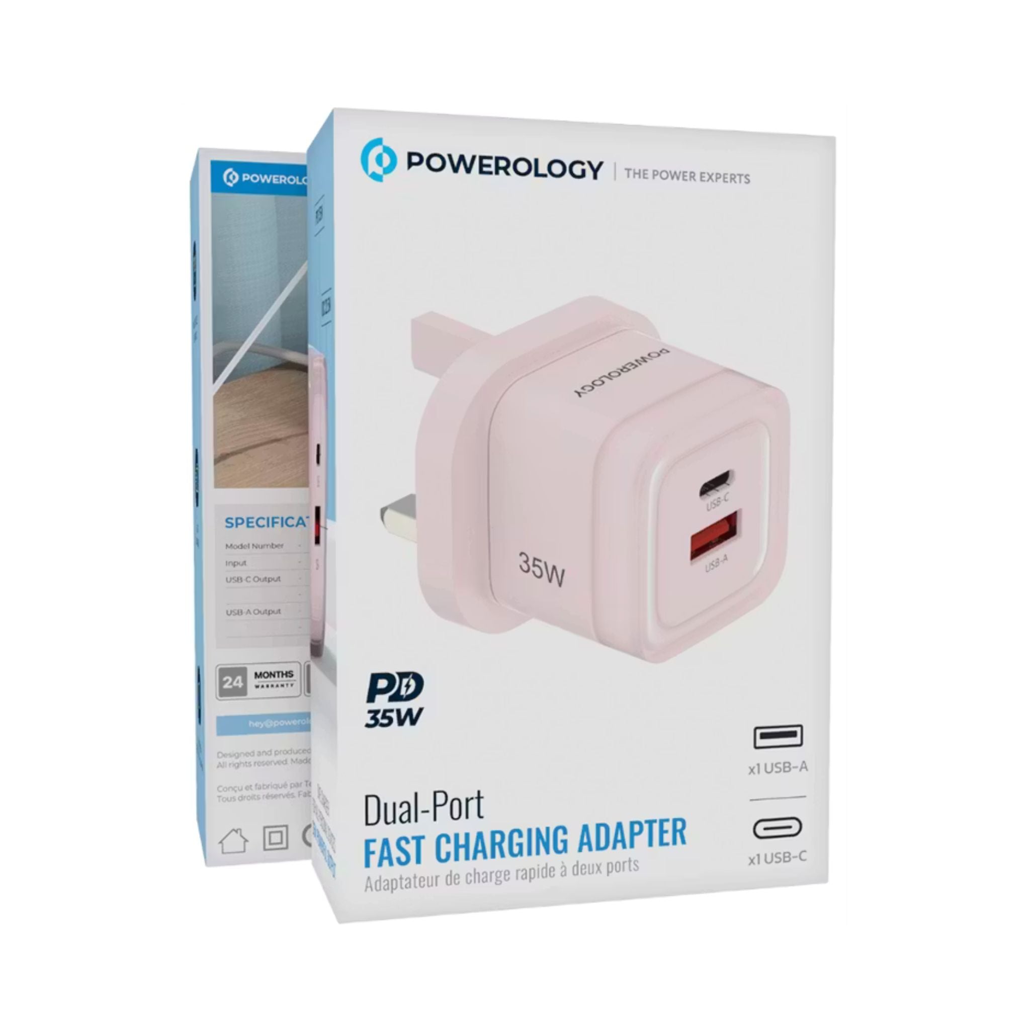 Powerology Lunex Dual-Port Fast Charging Adapter with USB-C & USB-A Ports, 35W Power Delivery, 22.5W USB-A Output, UK 3-Pin Plug, Universal Protocol Support, Multi-Device Charging - Pink