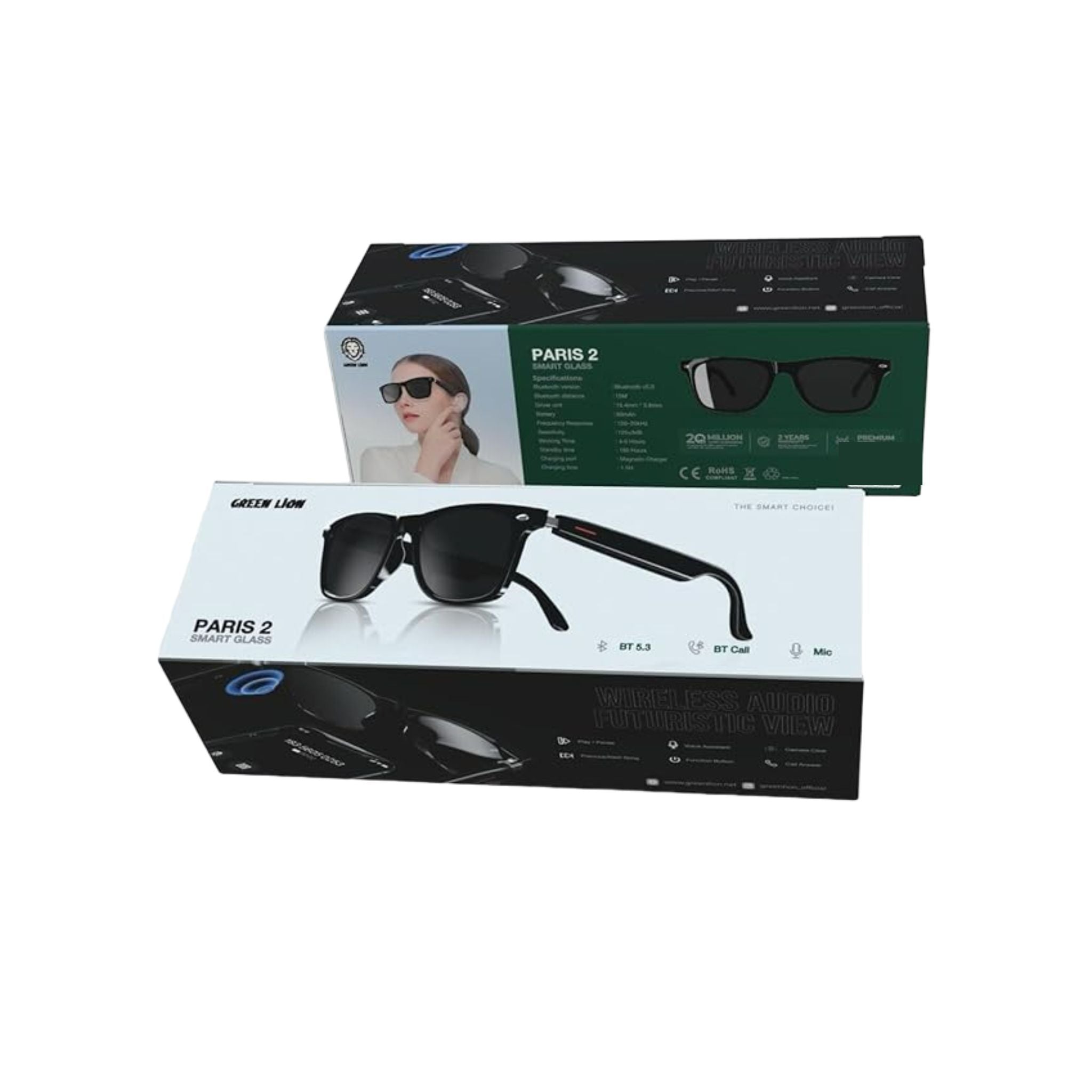 Green Lion Paris 2 Smart Glass in black features Bluetooth 5.3 connectivity, 80mAh battery with 4–6 hours usage, 180-hour standby, 15m range, and 1.5-hour magnetic charging. It includes a built-in microphone, touch controls- Black