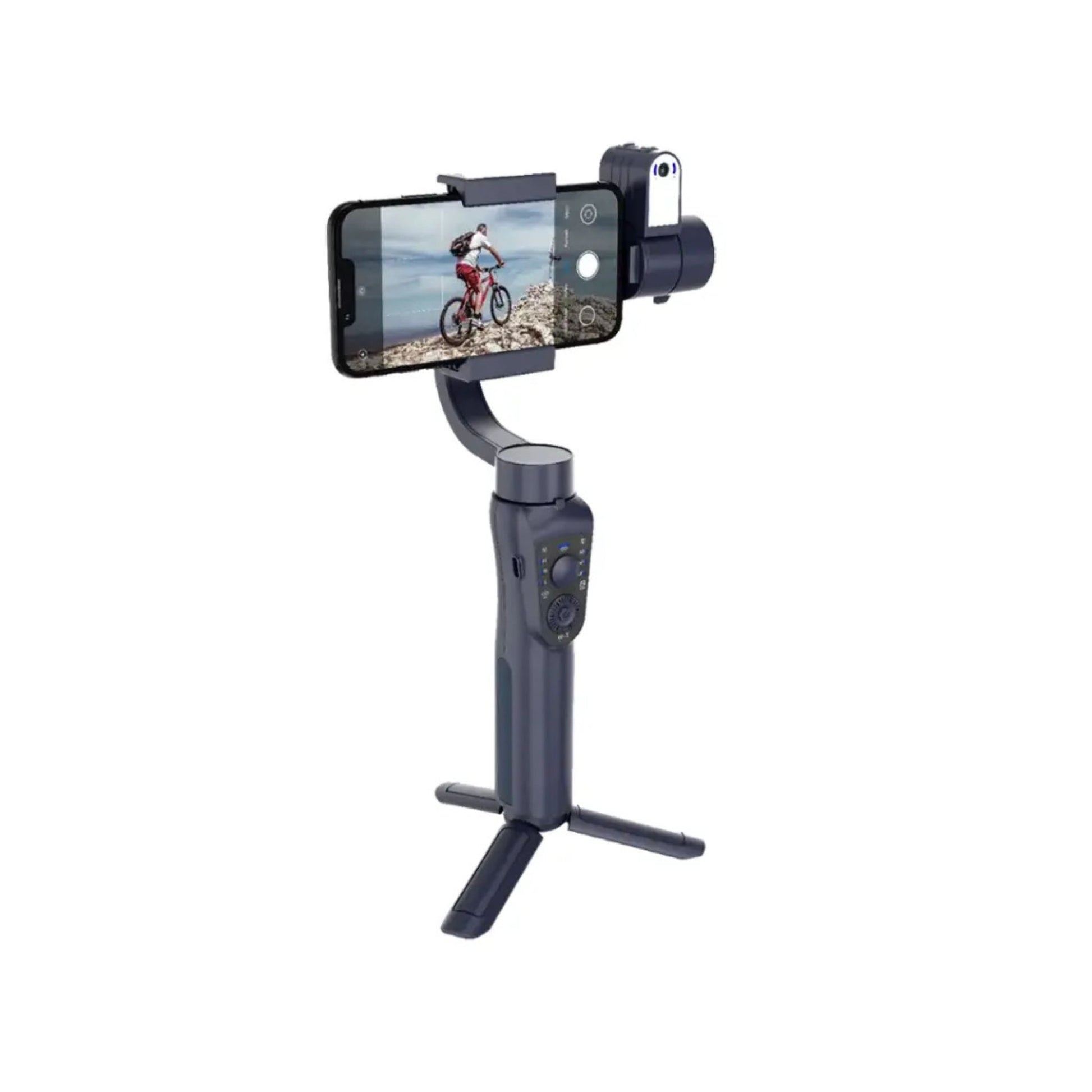 A black Porodo 3-Axis AI Tracker & Light Gimbal Stabilizer with a smartphone attached, showcasing its built-in tripod and control panel.