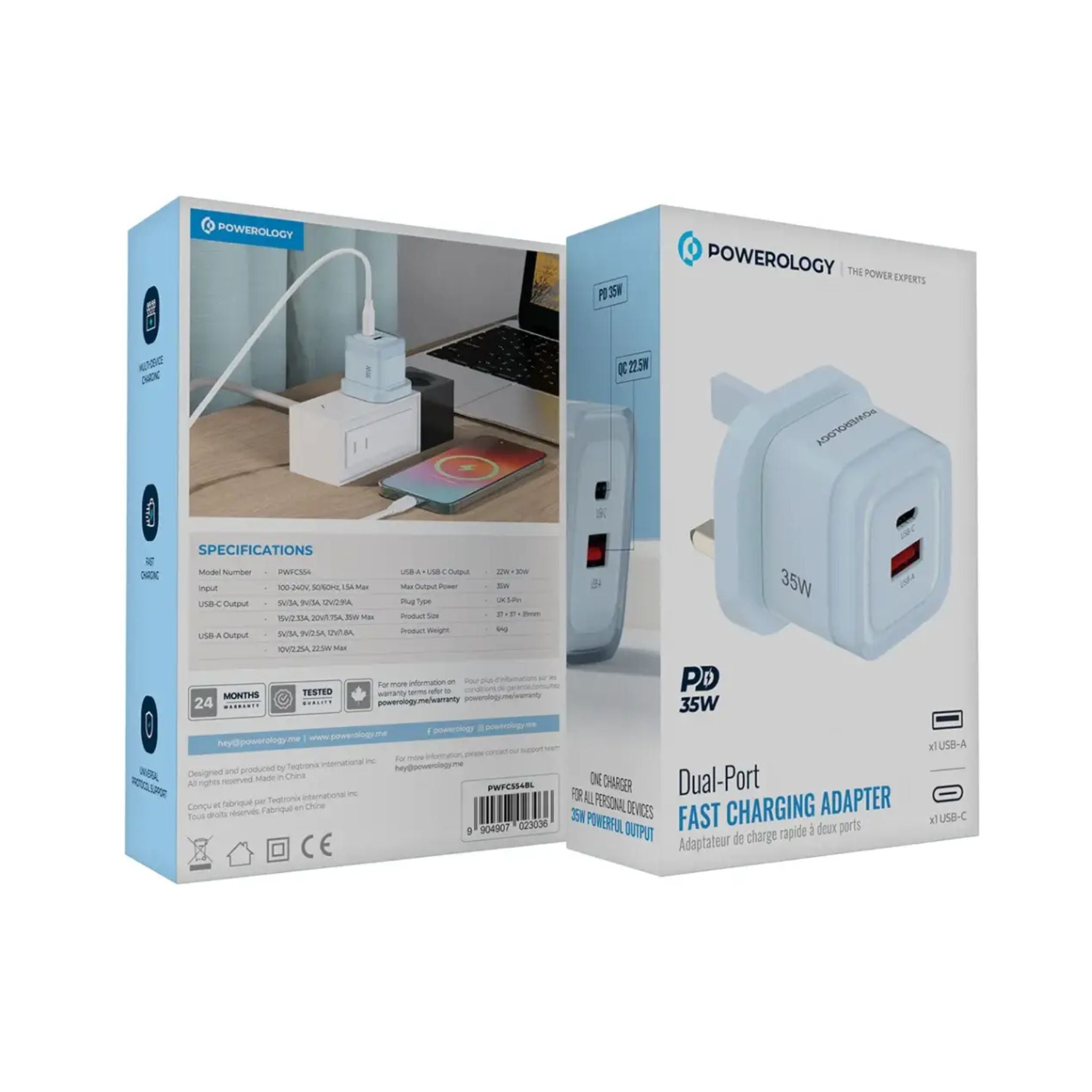 Powerology Lunex Dual-Port Fast Charging Adapter with USB-C & USB-A Ports, 35W Power Delivery, 22.5W USB-A Output, UK 3-Pin Plug, Universal Protocol Support, Multi-Device Charging - Blue