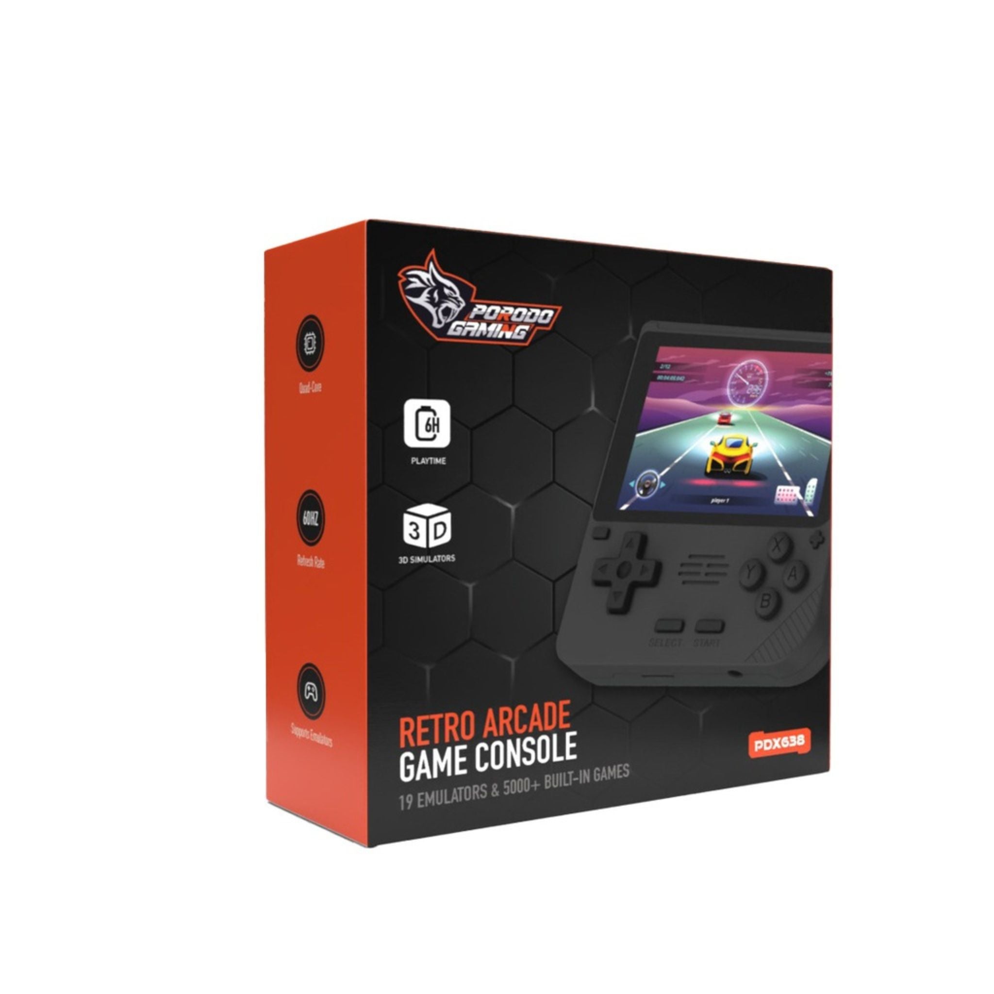 Porodo Gaming Retro Arcade Gaming Console, 3D Simulator, Ergonomic Design, Immersive Sound Play, 3.5" IPS Display, 6 Hours Battery Life, 3000mAh Battery - Black