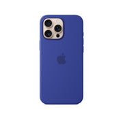 A blue silicone case for the Apple iPhone 16 Pro Max, featuring the MagSafe technology logo on the back.