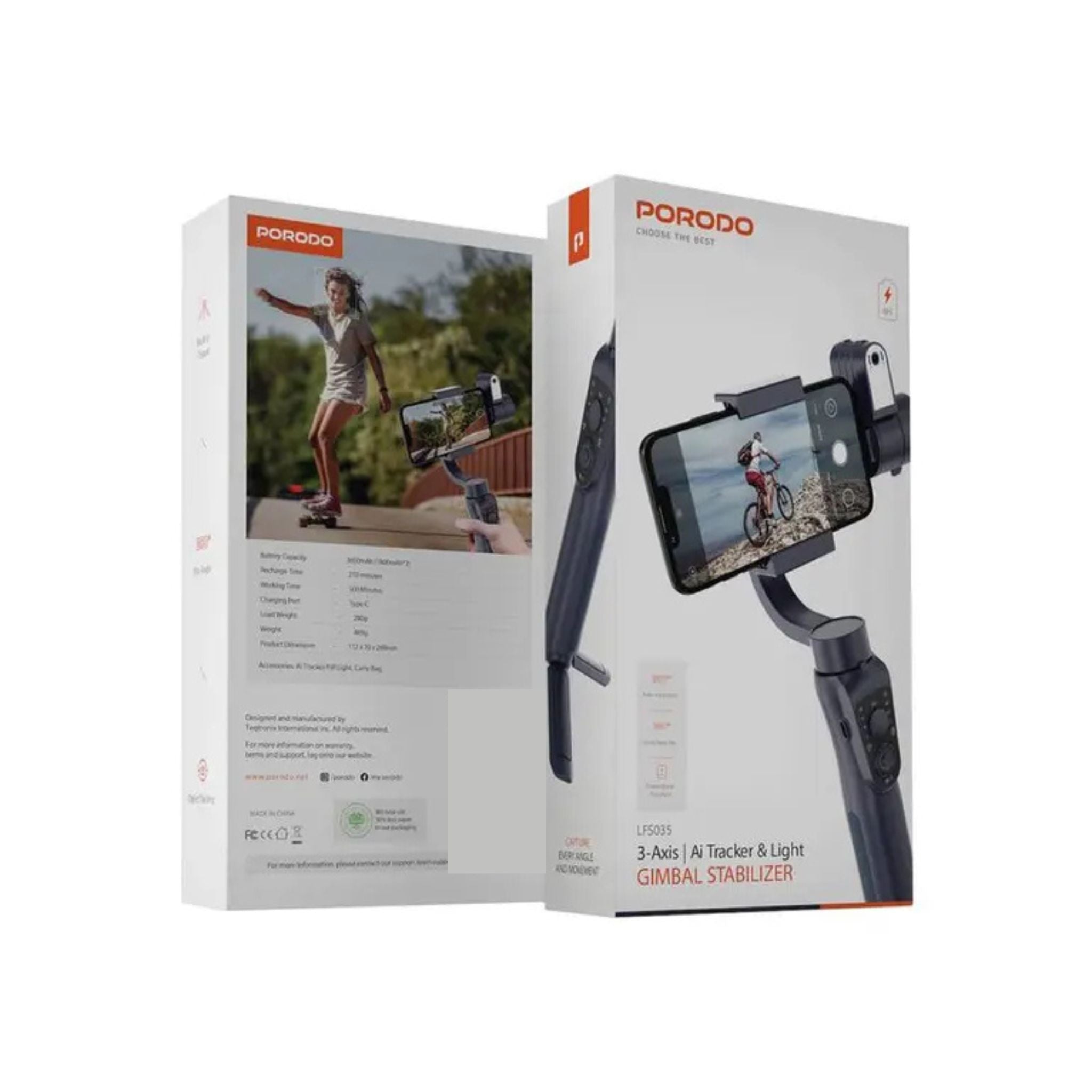 Porodo 3-Axis AI Tracker & Light Gimbal Stabilizer with Built-In Tripod, Object Tracking, Power Bank Function, 210 Minuets Charging Time - Black