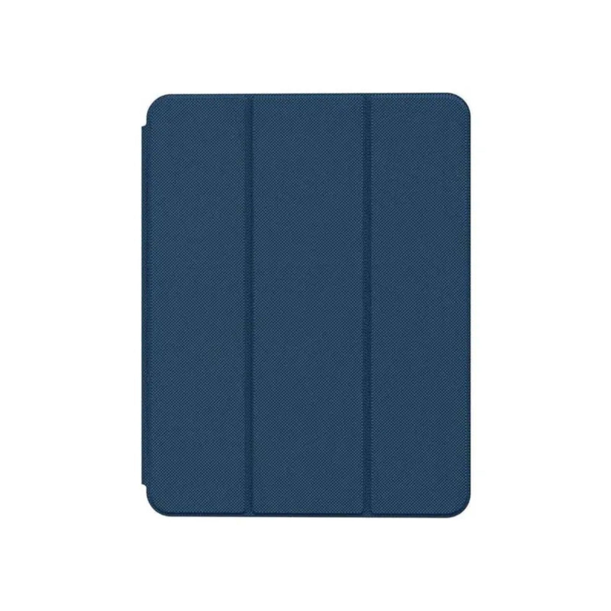 A blue leather folio case for iPad with a pencil holder on the back, featuring a full-body drop protection design.
