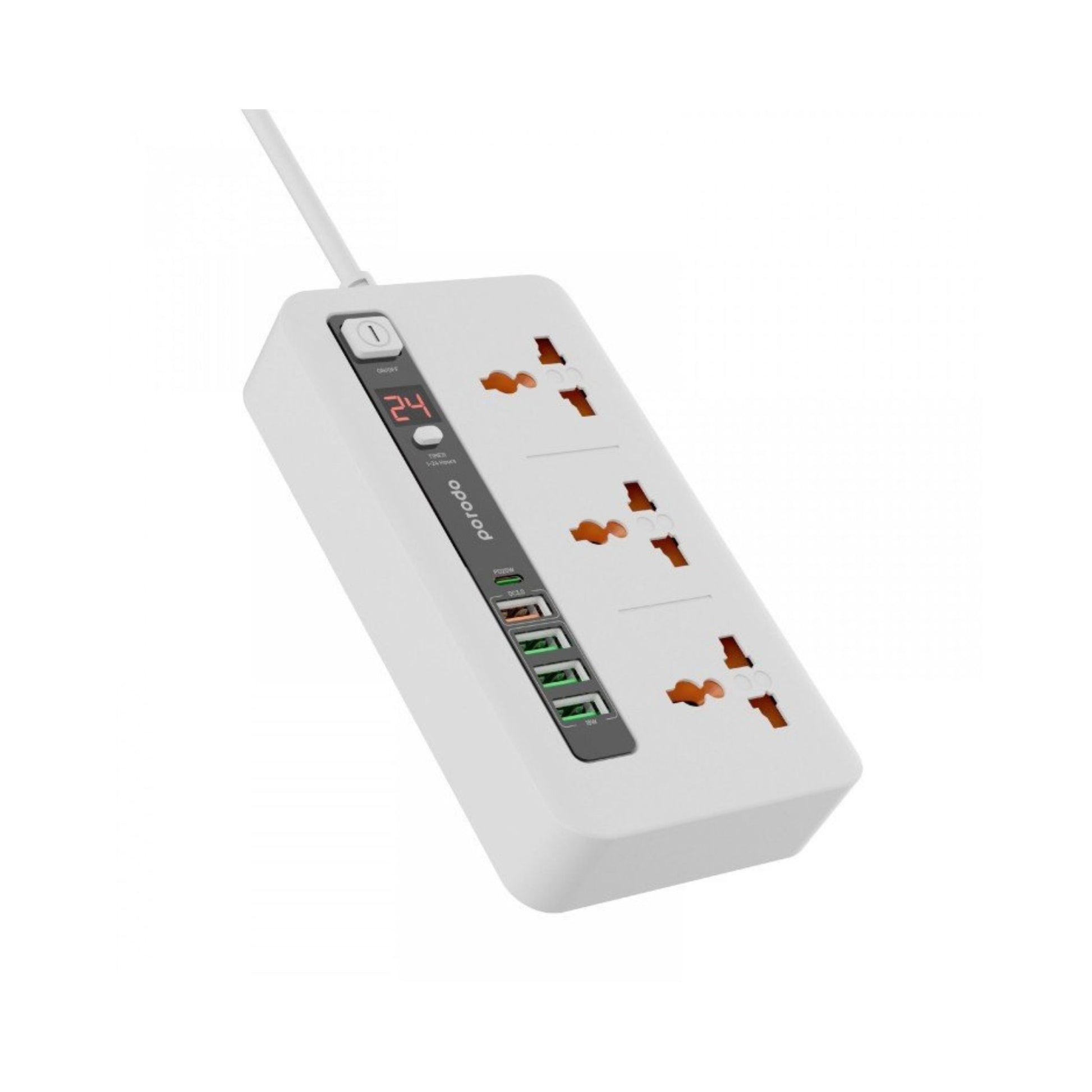A white Porodo multi-port power hub with six AC sockets, five USB ports, and a power button, against a clean background.