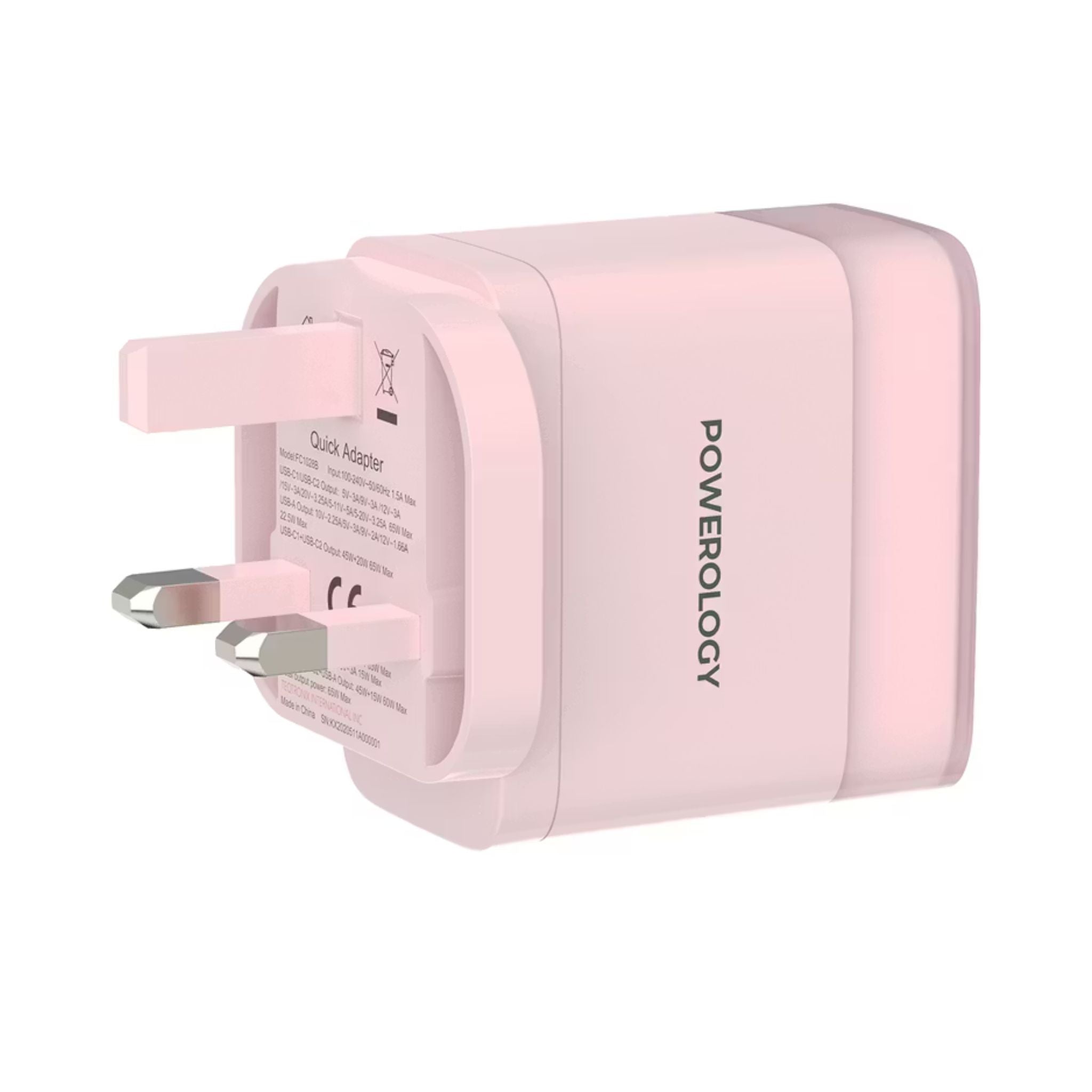 Powerology Lunex Series 3-Port Fast Charging Adapter with UK 3-Pin Power Plug, 65W PD USB-C Output, 22.5W QC USB-A Output, Multi-Device Charging, Powerful Laptop Charging, Universal Protocol Support - Pink
