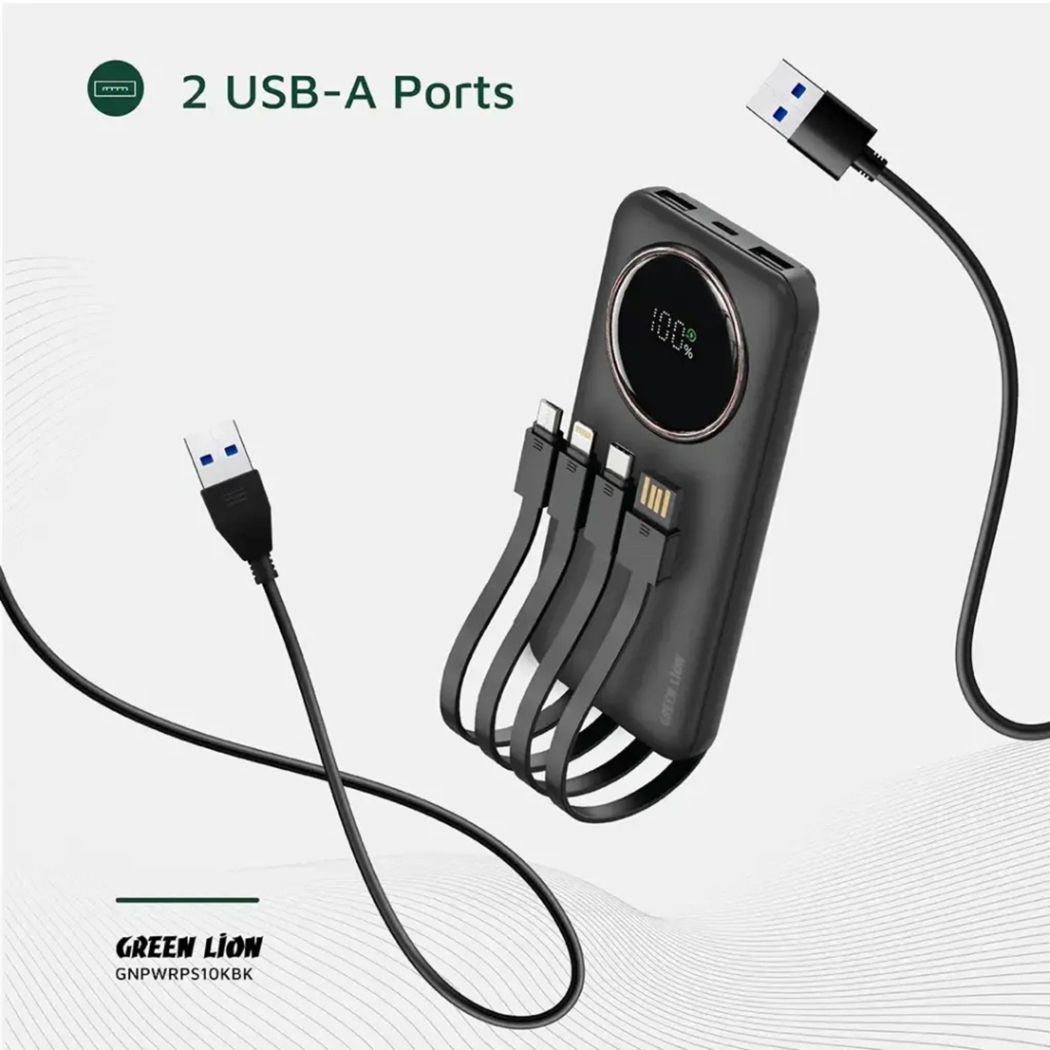 Green Lion Power Pulse 10000mAh Power Bank, PD 22.5W, Portable, Digital Display, Fast Charge Support, Micro + Lightning + Type-C + USB-A Integrated Cables - Black