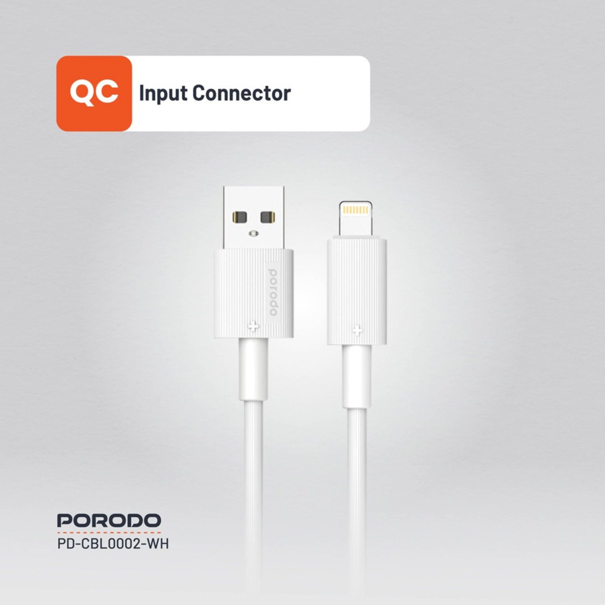Porodo USB A to Lightning PVC Cable, 480Mbps, 2.4A Current, more than 15000 Bends Life Span, 1.2m Cable length, Tangle Free - White