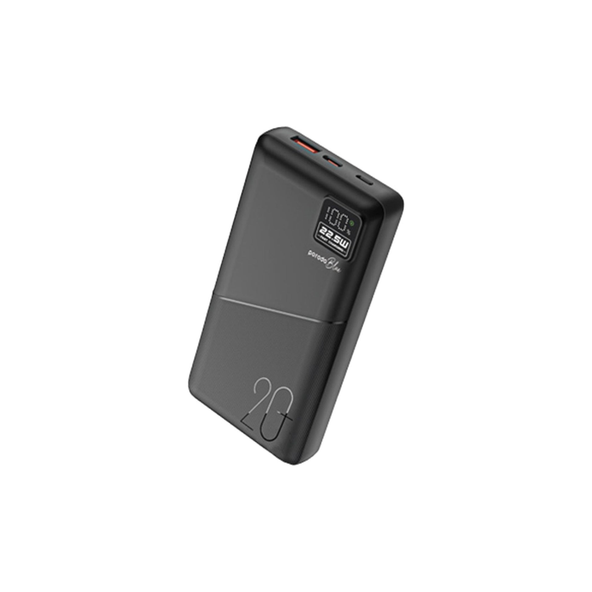 Porodo Blue Quick Charge Power Bank with USB-A & USB-C Outputs, 20000mAh Battery Capacity, Digital Display, 20W Power Delivery - Black