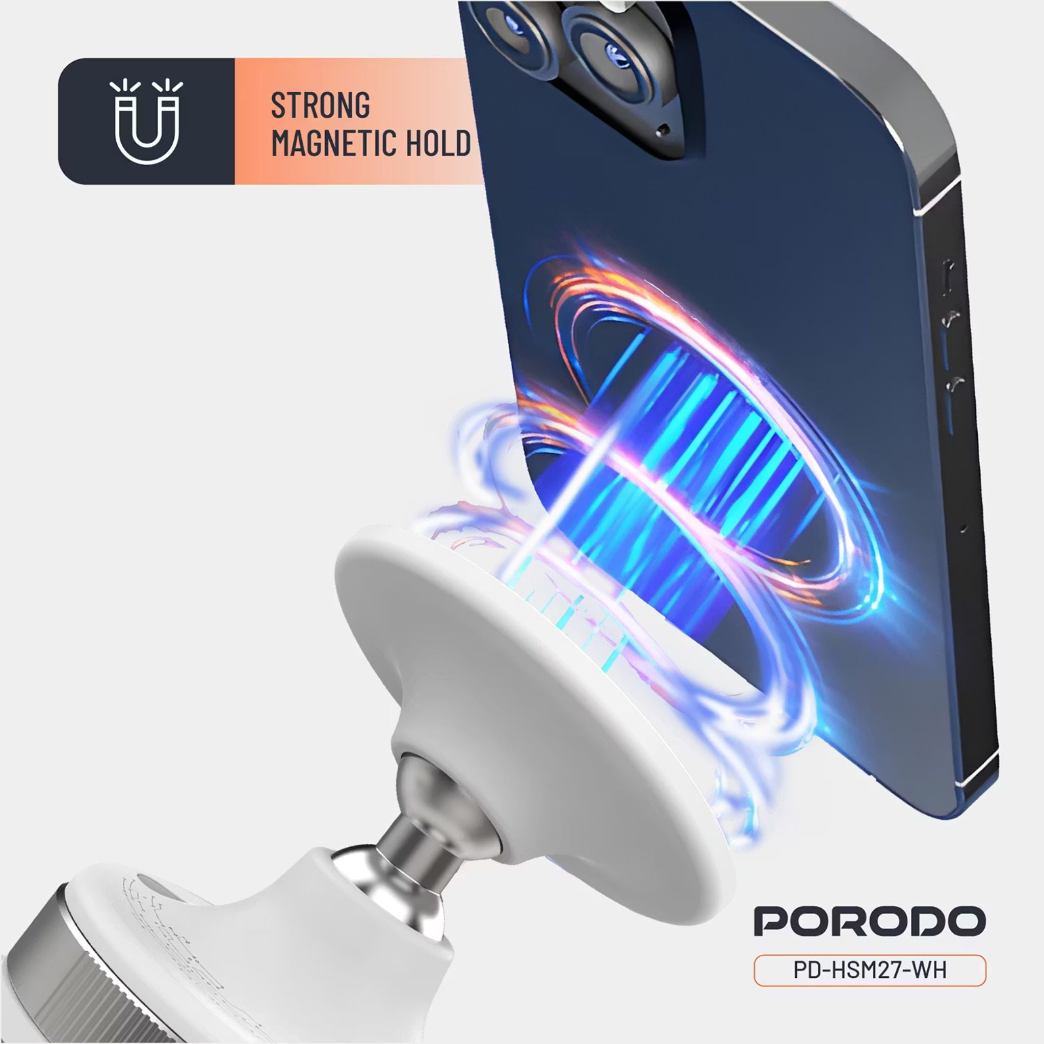 Porodo Vacuseal Smart Suction Magnetic Phone Mount with Adjustable Viewing Angle, N52 Magnets, 5.5" to 6.9" Device Compatibility, Strong Suction - White