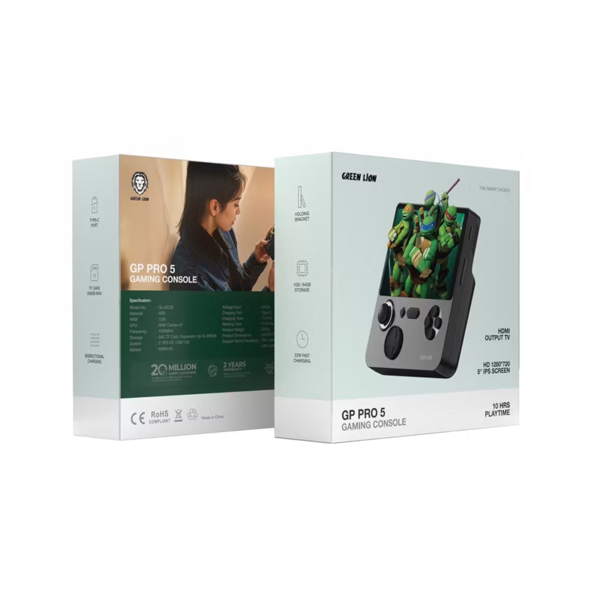 Green Lion GP PRO 5 Gaming Console with Built-in Holding Bracket, Up to 10 Hours Playtime, 5" IPS HD Screen, 1280×720p Resolution, 5000mAh Battery Capacity - Black