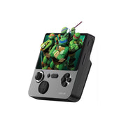 Handheld gaming console with screen displaying cartoon characters on a white background
