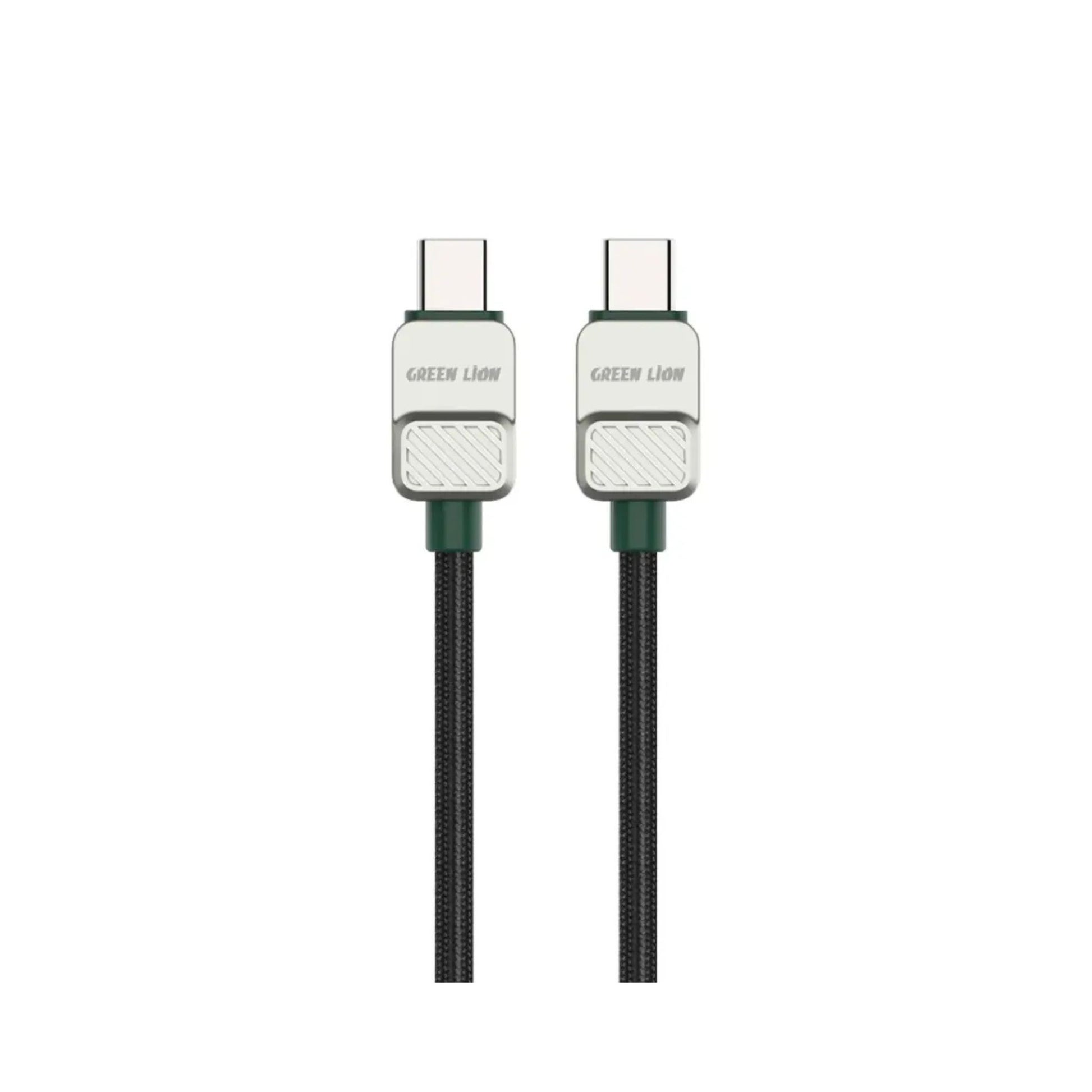 A black and green braided USB-C to USB-C cable by Green Lion, 1 meter in length.