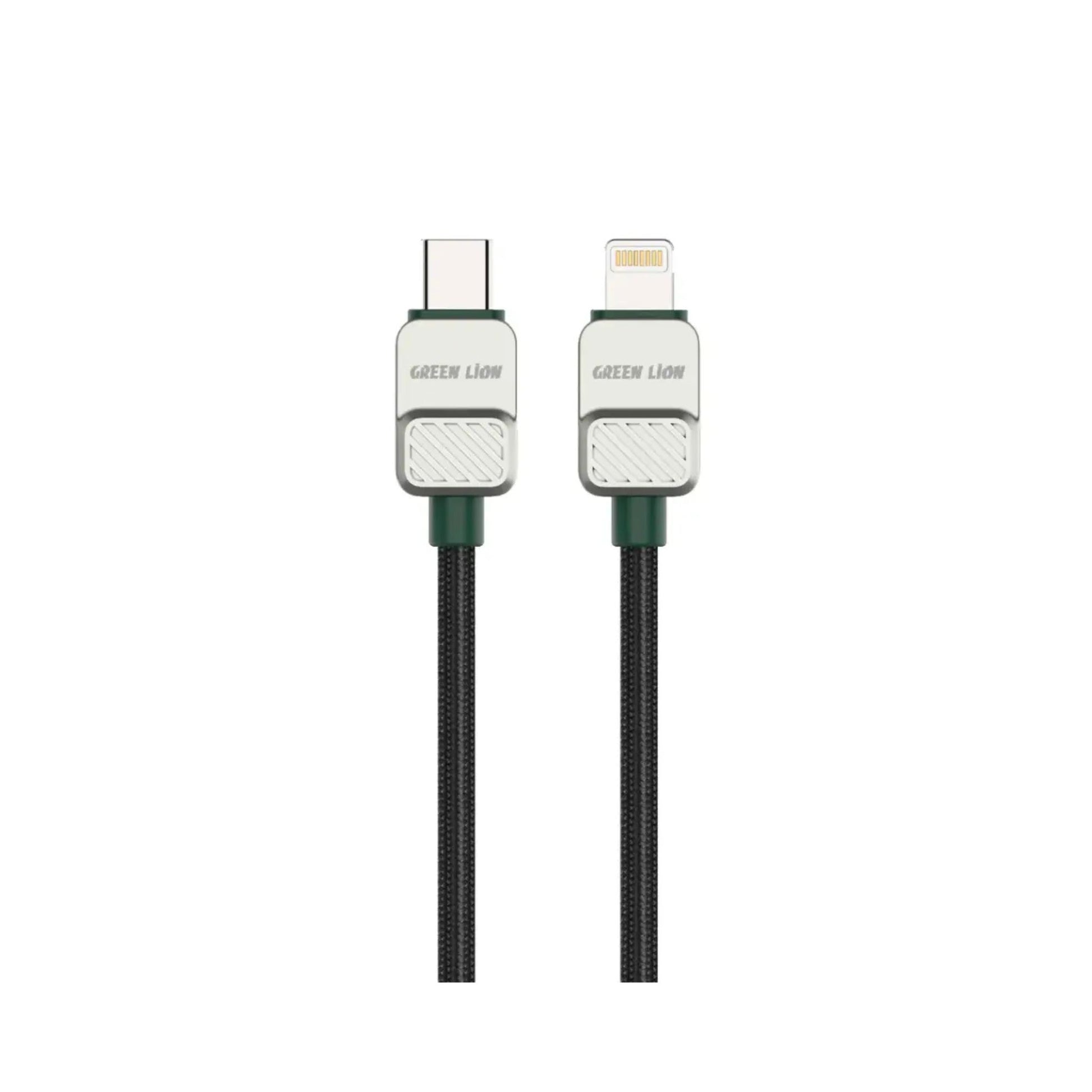 A black and green braided USB-C to Lightning cable by Green Lion, 1 meter in length.