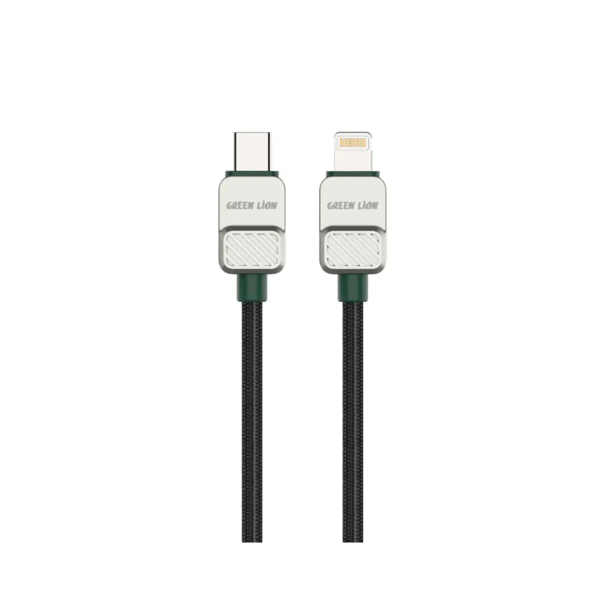 A black and green braided USB-C to Lightning cable by Green Lion, 1 meter in length.