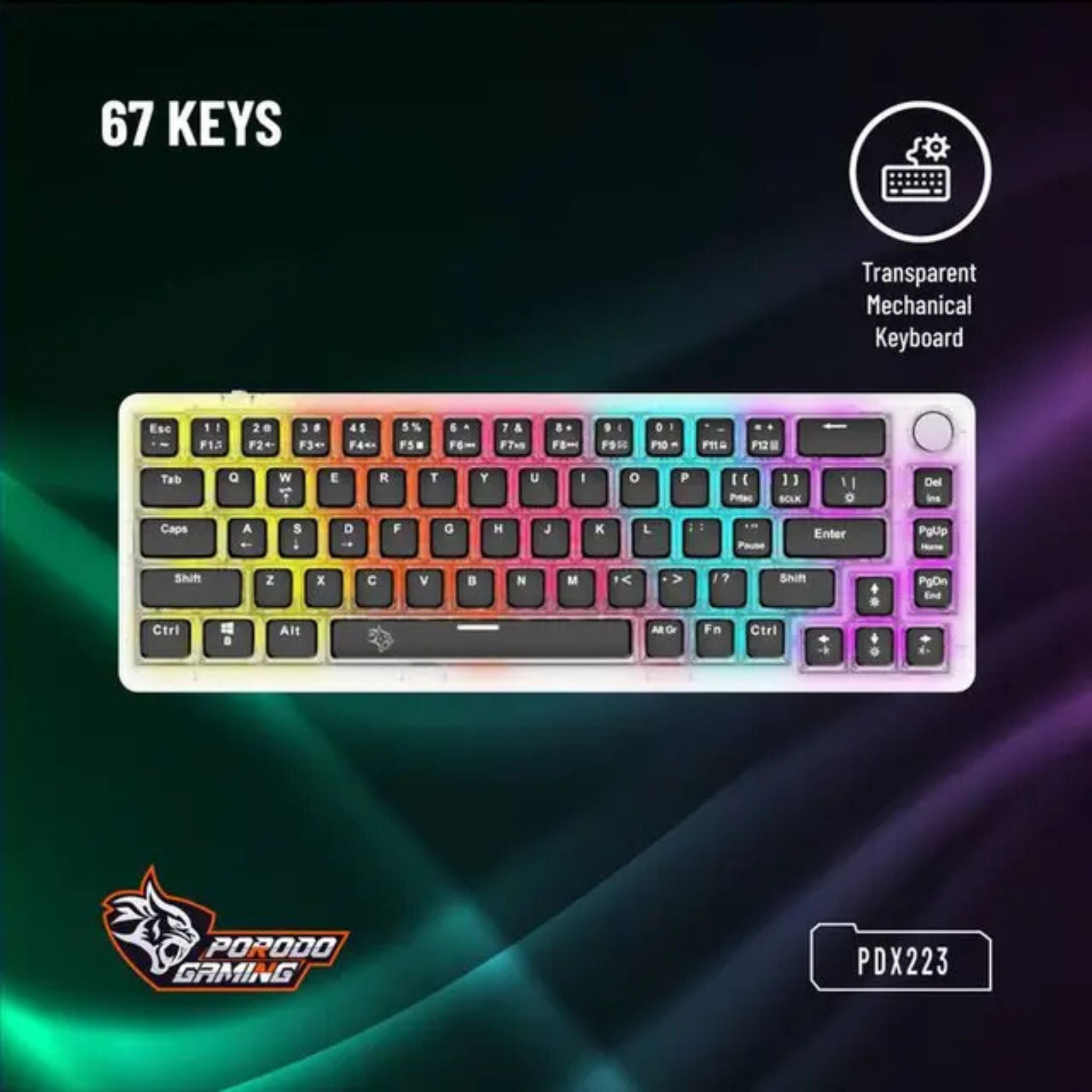 Porodo Gaming Pudding Keycaps Transparent Mechanical Keyboard Multi-Function Rotary Knob With 67 English + Arabic Keys, 50+ Million Clicks Lifespan, 1.5-Meter PVC USB - Transparent