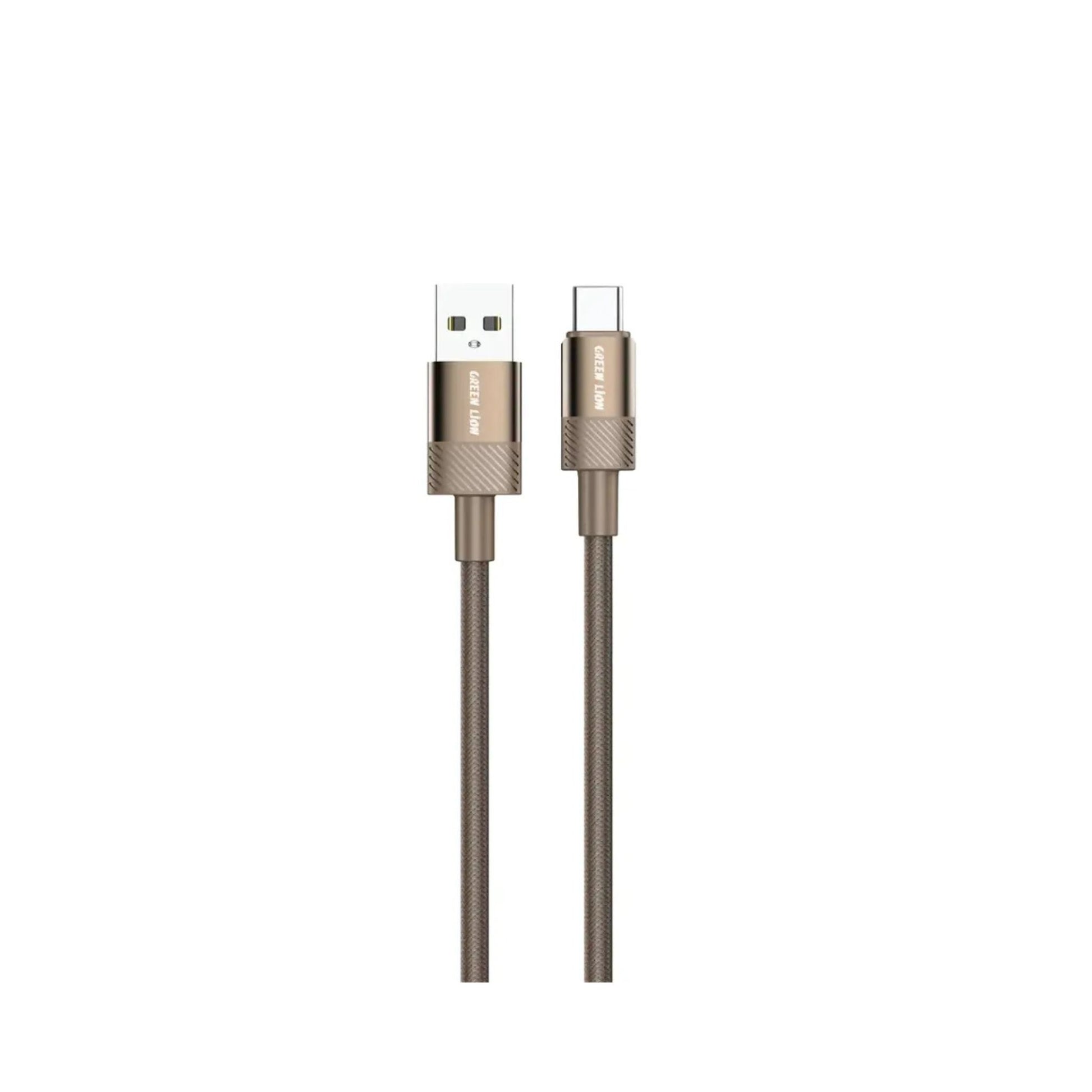 A USB-A to USB-C cable with a braided design in a desert titanium color.