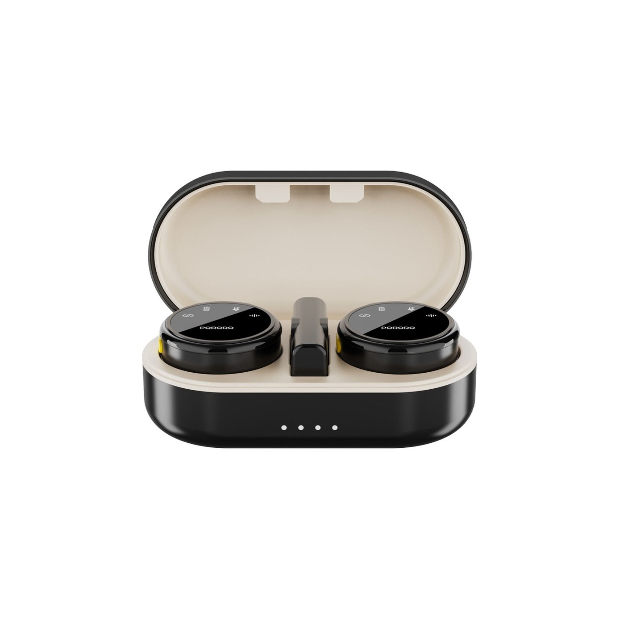 Porodo Lavalier Wireless Dual Mic with charging case: up to 24h use, ≤20ms latency, 2.4GHz digital freq, 600mAh case, Type-C + Lightning adapter, plug & play, magnetic clips, low latency, clear audio- Black