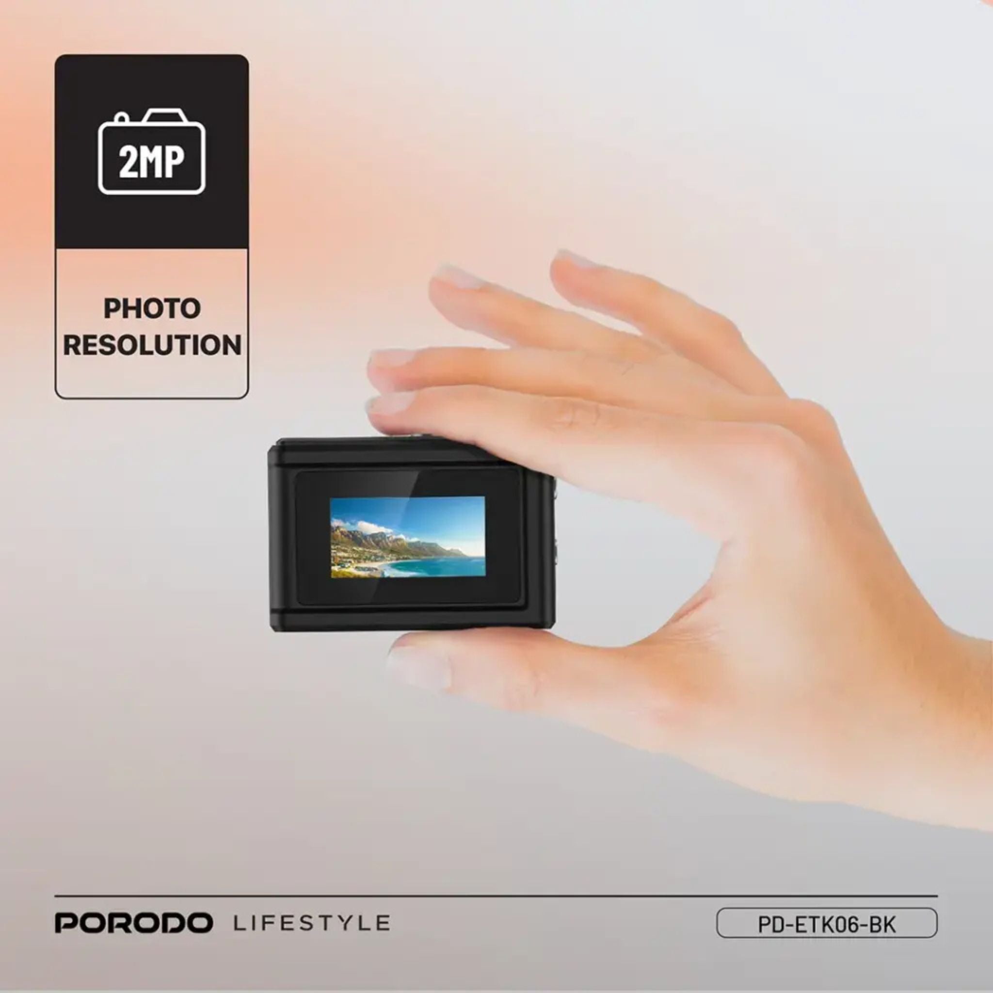 Porodo Lifestyle Snap & Go Mini Digital Camera 2MP / Full HD Camera Video Resolution / Portable Camera with Lightweight / 6 Color Filters / Instant Webcam Function / AVI and JPG Format - Black
