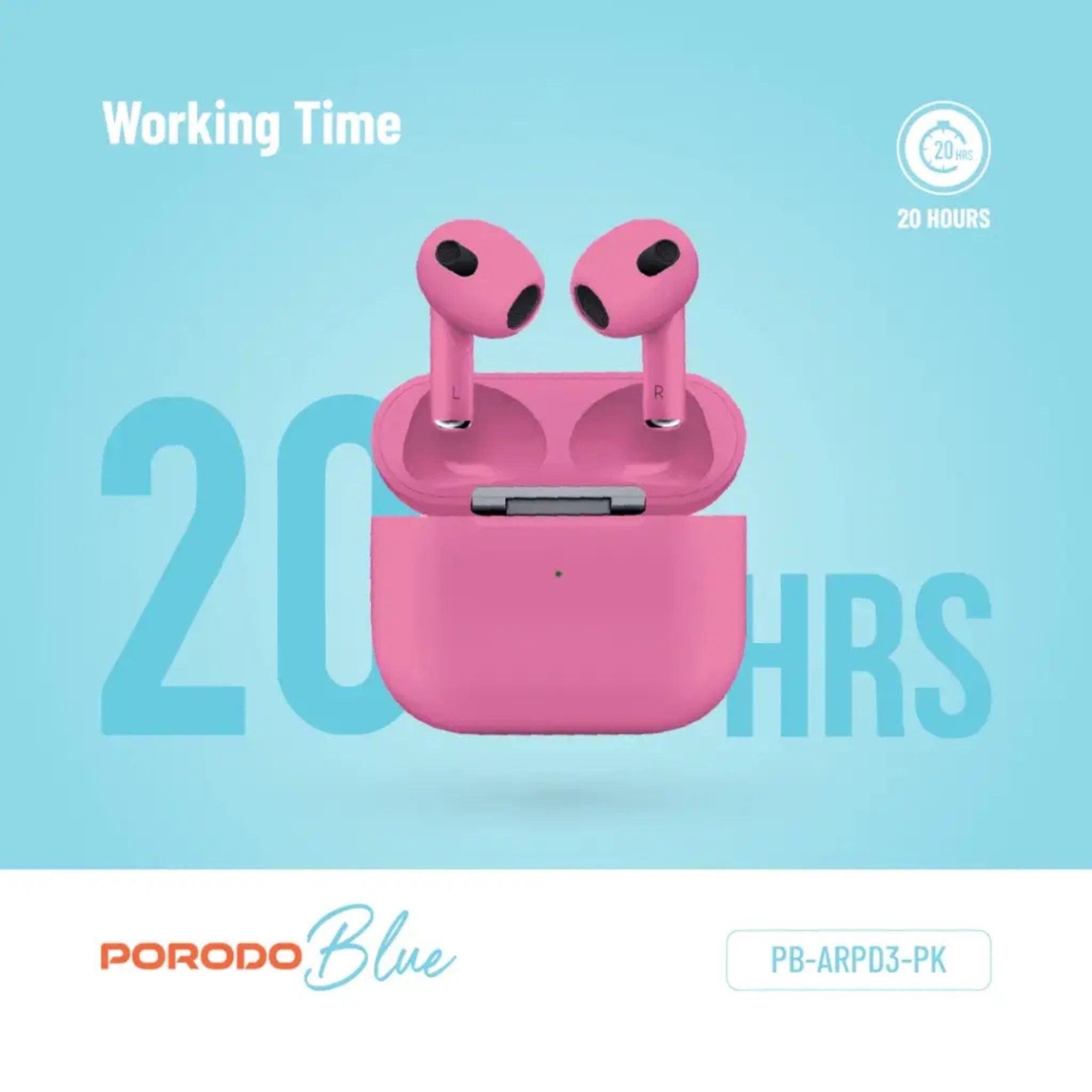 Porodo Blue Deep Bass Wireless Earbuds 3, 20 Hours Working Time, Type-C Charging Port, Environmental Noise Cancellation, Independent Earbuds, Touch Control - Pink