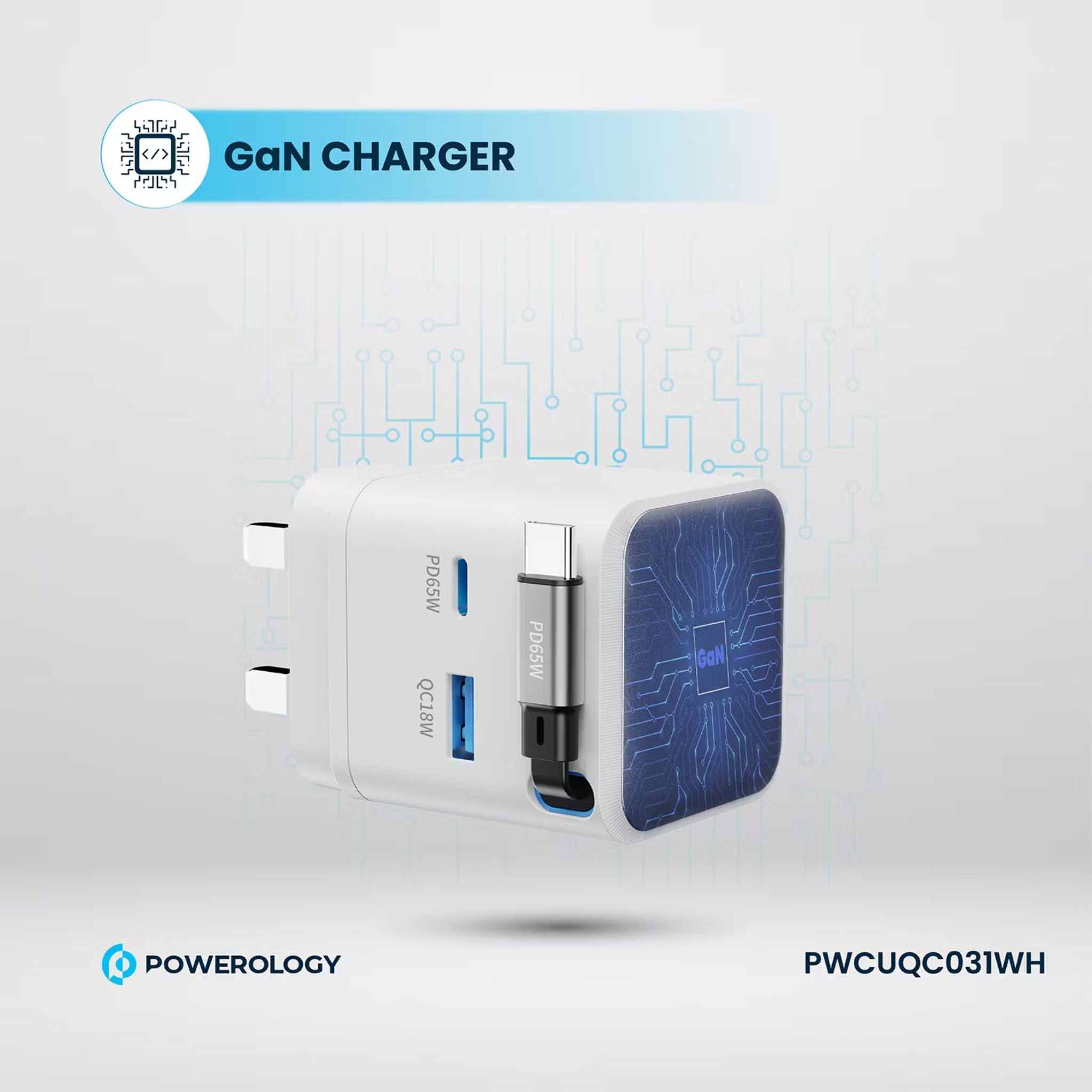 Powerology Dual Port Retractable GaN Charger, Built-in Safeguards, 3-Device Charging, 65W Power Delivery, Fire Proof Material, Patented Design, 75cm Retractable Type-C Cable - White