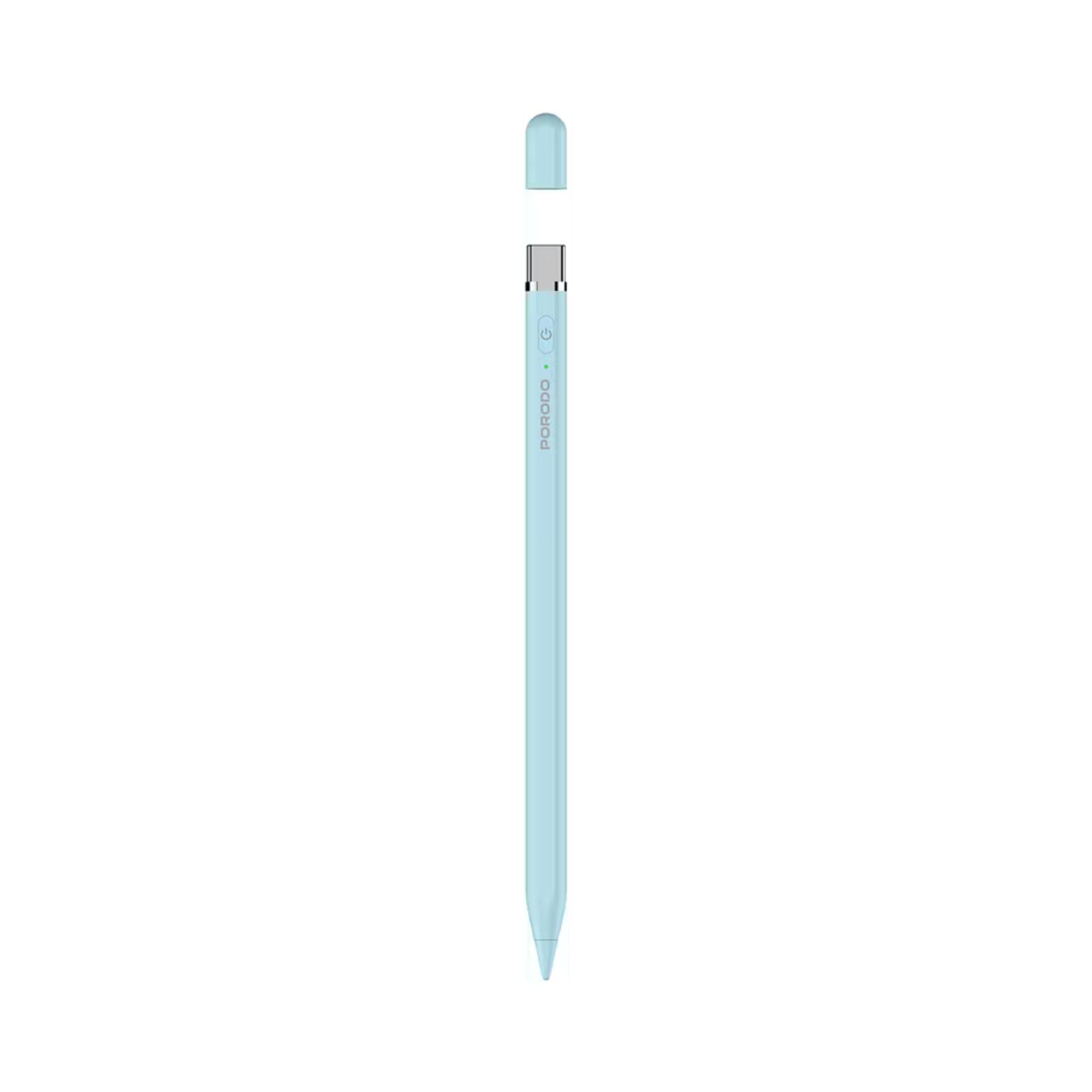 Porodo Smart Stylus Pen for iPad, Replaceable Tip, 1.7mm Tip Size, Type-C Charging Interface, 140mAh Battery Capacity, 40 Minutes Charging Time, 10-12 Hours Working Time, Magnetic Attachment, Zero Delay - Blue