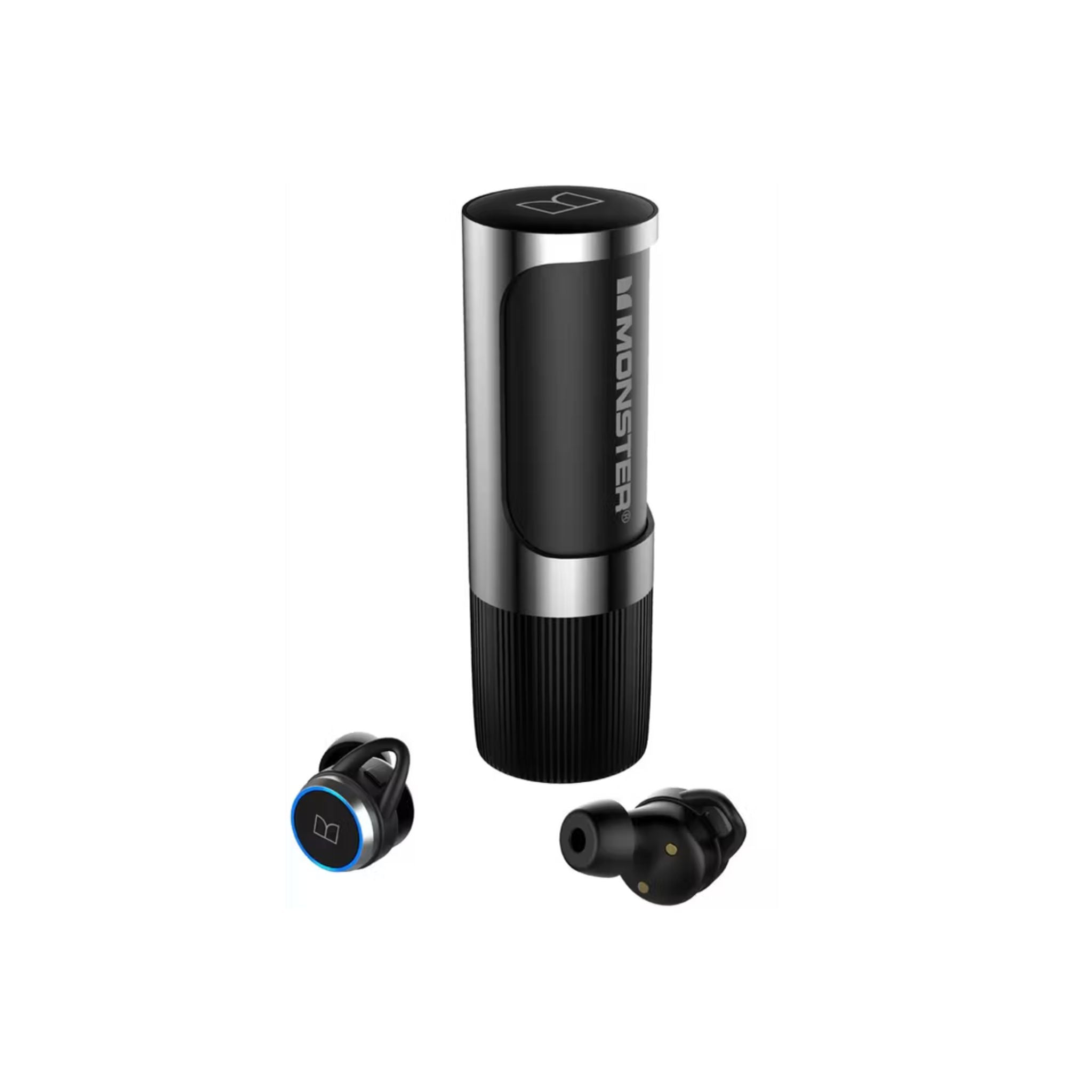 Monster Clarity 101 AirLinks Wireless Earbuds in black color with a 360° rotatable charging case.