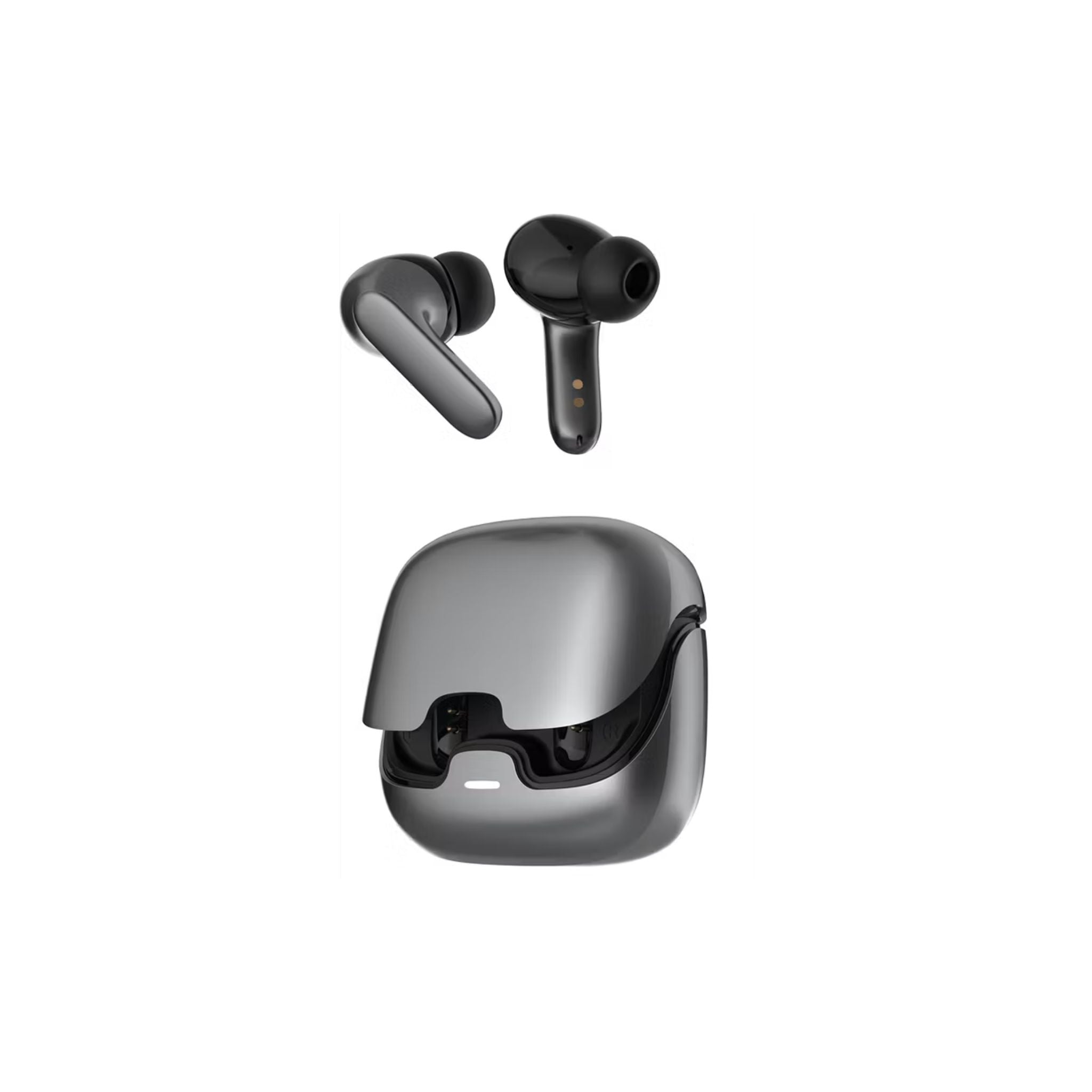 Black wireless earbuds with charging case on a white background