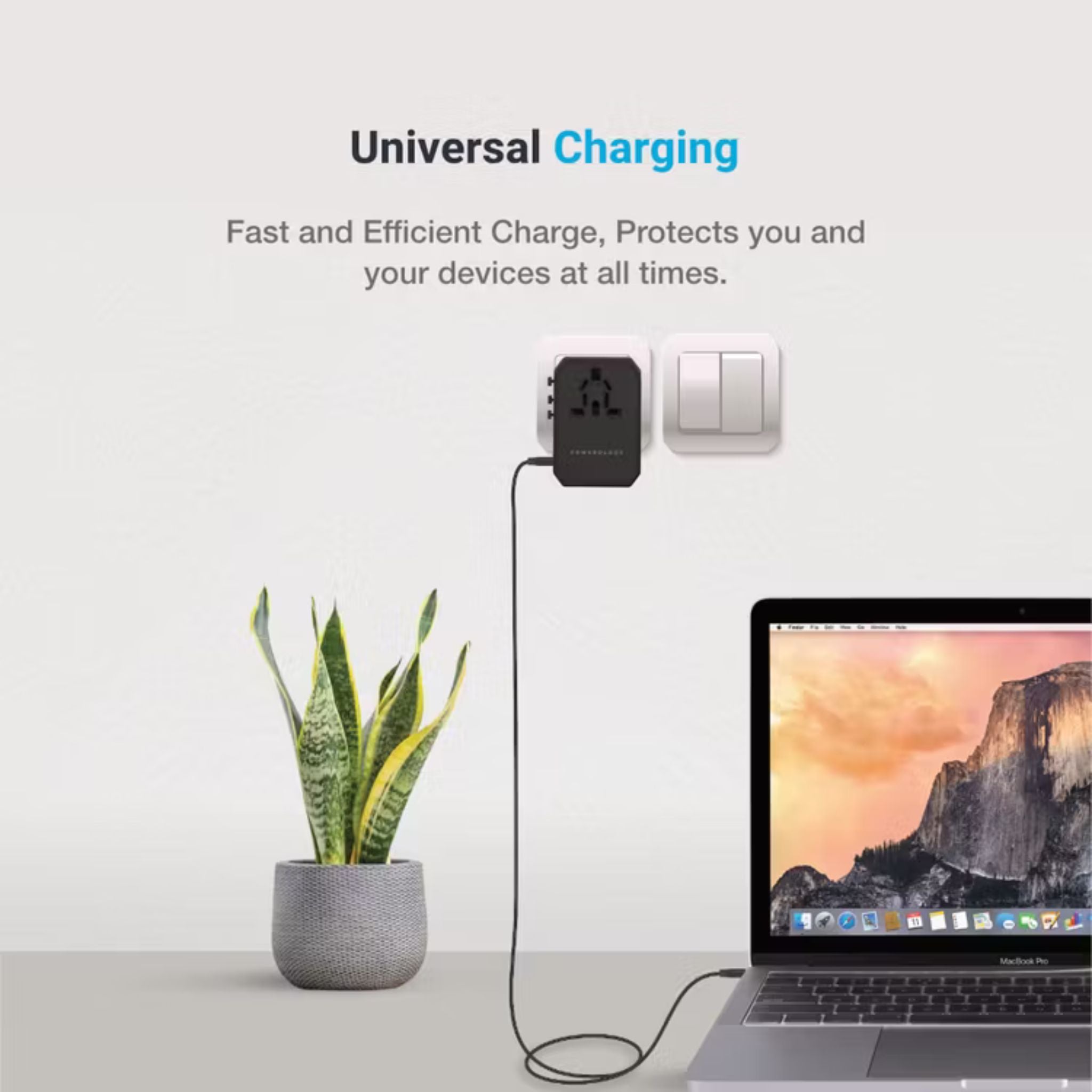 Powerology Universal Multi-Port Travel Charger with 45W Power Delivery, 8A Dual Fuse, Simultaneous Charging, Built-in Safeguards, Fast Charging, Active Protect - Black