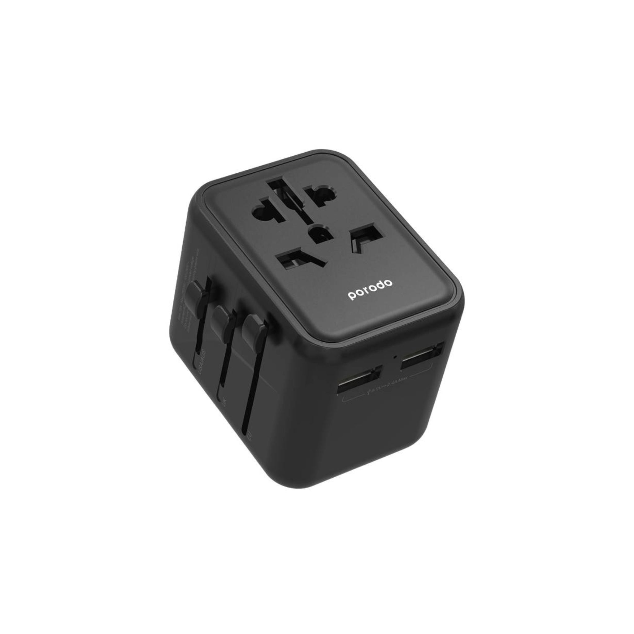 A black Porodo dual USB-A universal travel adapter with a cubic shape, featuring multiple ports including USB-A and AC outputs.