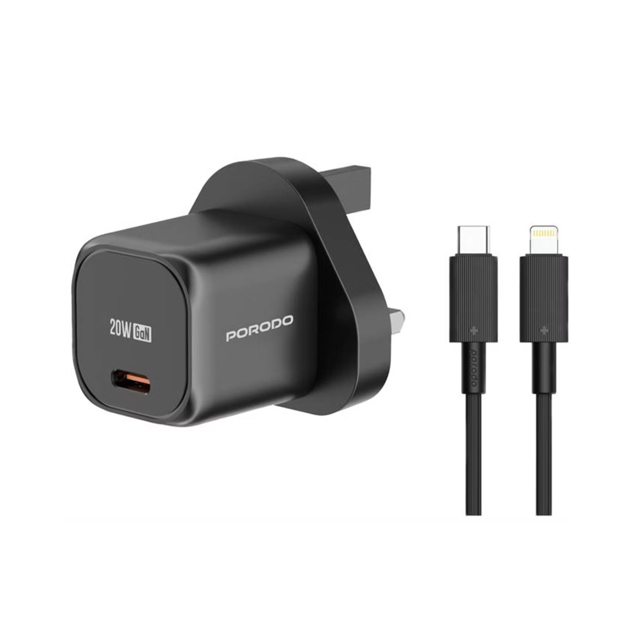 Porodo PD 20W USB-C Power Delivery GaN Wall Charger with USB-C to Lightning Cable, Over-Heat Protection, Universal Compatibility, Portable & Travel Friendly - Black
