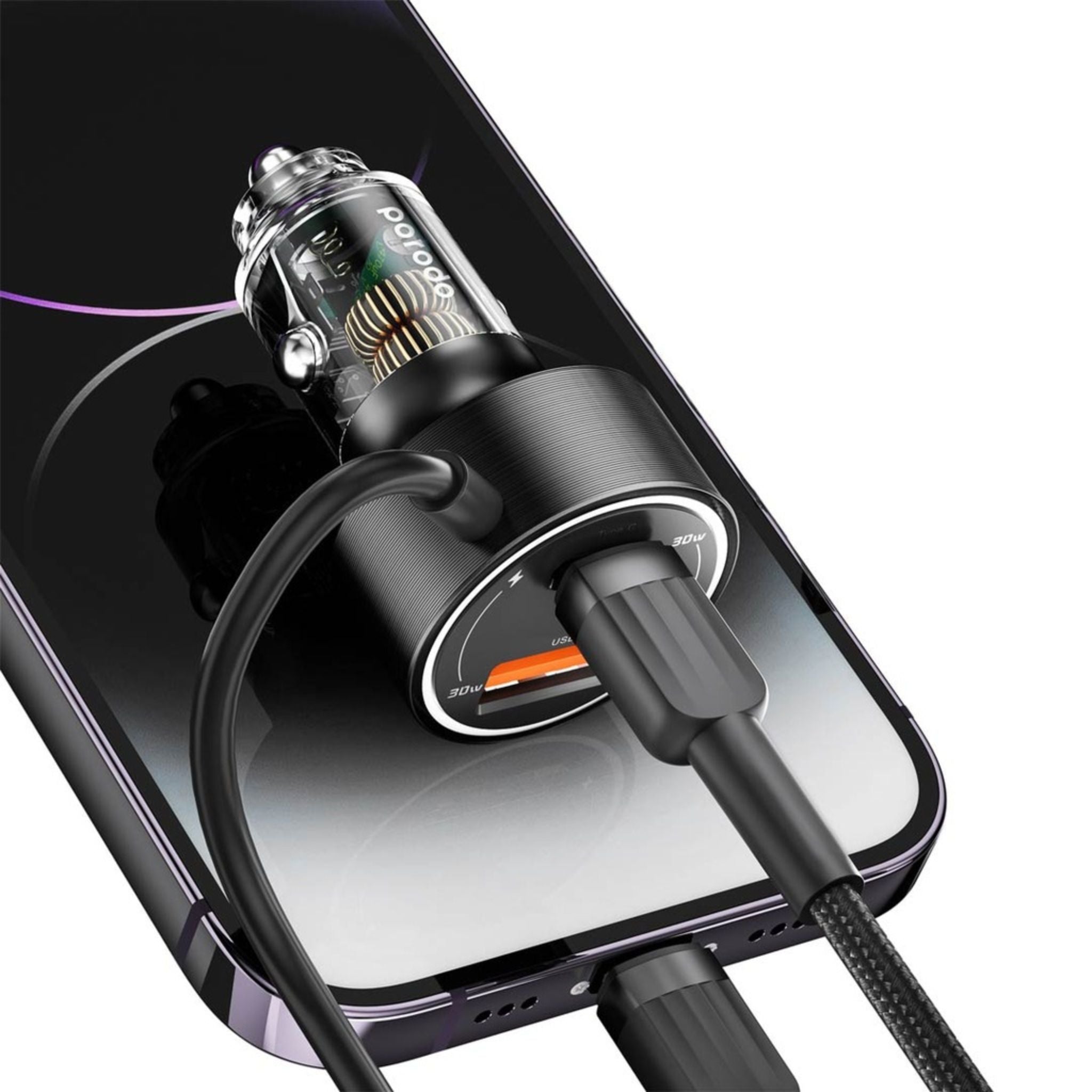 Porodo 60W Transparent Dual Port Car Charger with PD 30W & QC 18W, Integrated Type-C Cable, Aluminum Alloy & PC Material, Universal Compatibility, Simultaneous Charging - Black